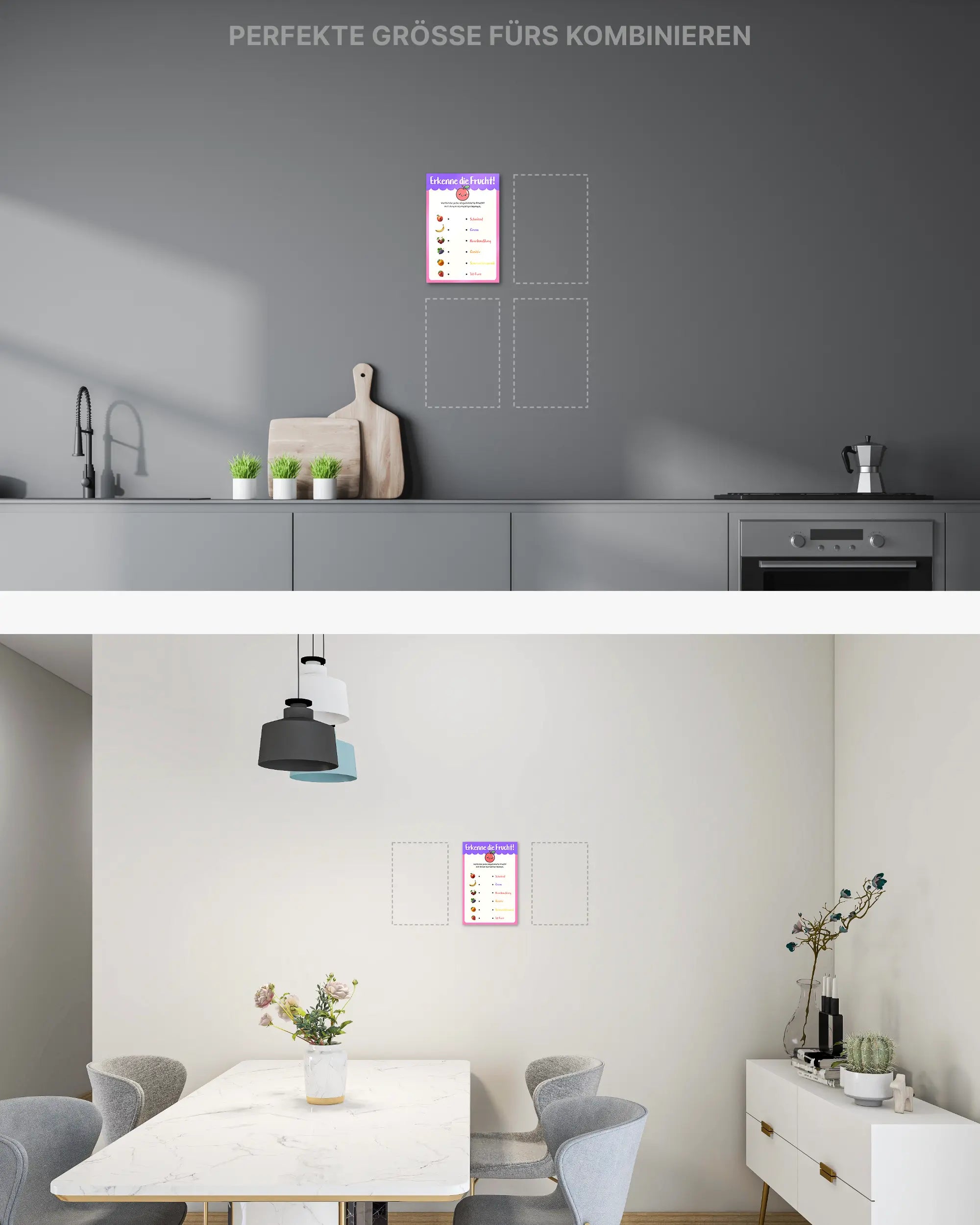 Zimmeransicht des Poster Plate Designs Fruchtvokabeln im Metallic Style in der Größe Mini (20 x 30 cm)