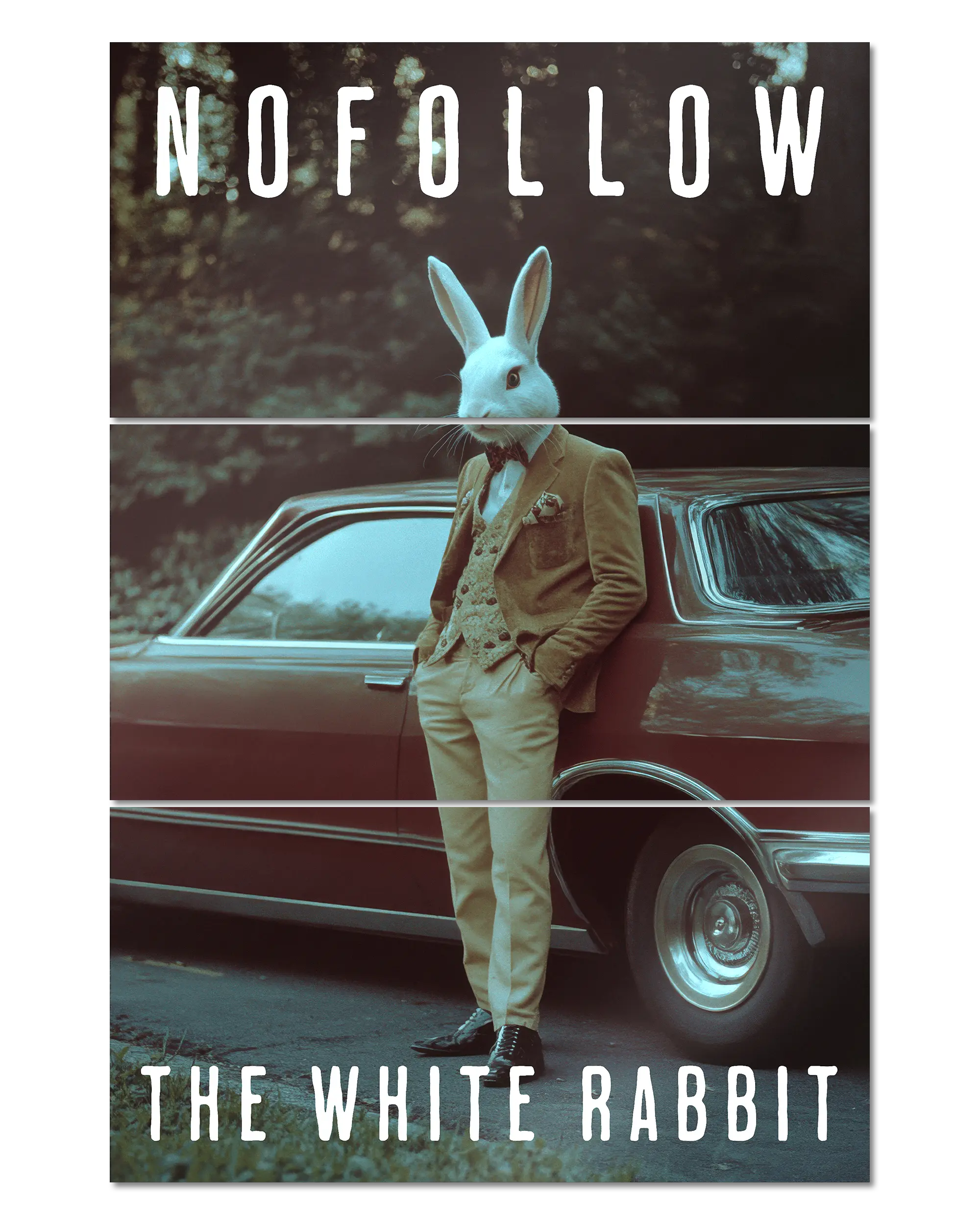 Frontalansicht des Poster Plate Designs Nofollow the White Rabbit im Metallic Style in der Größe Mighty (60 x 90 cm)