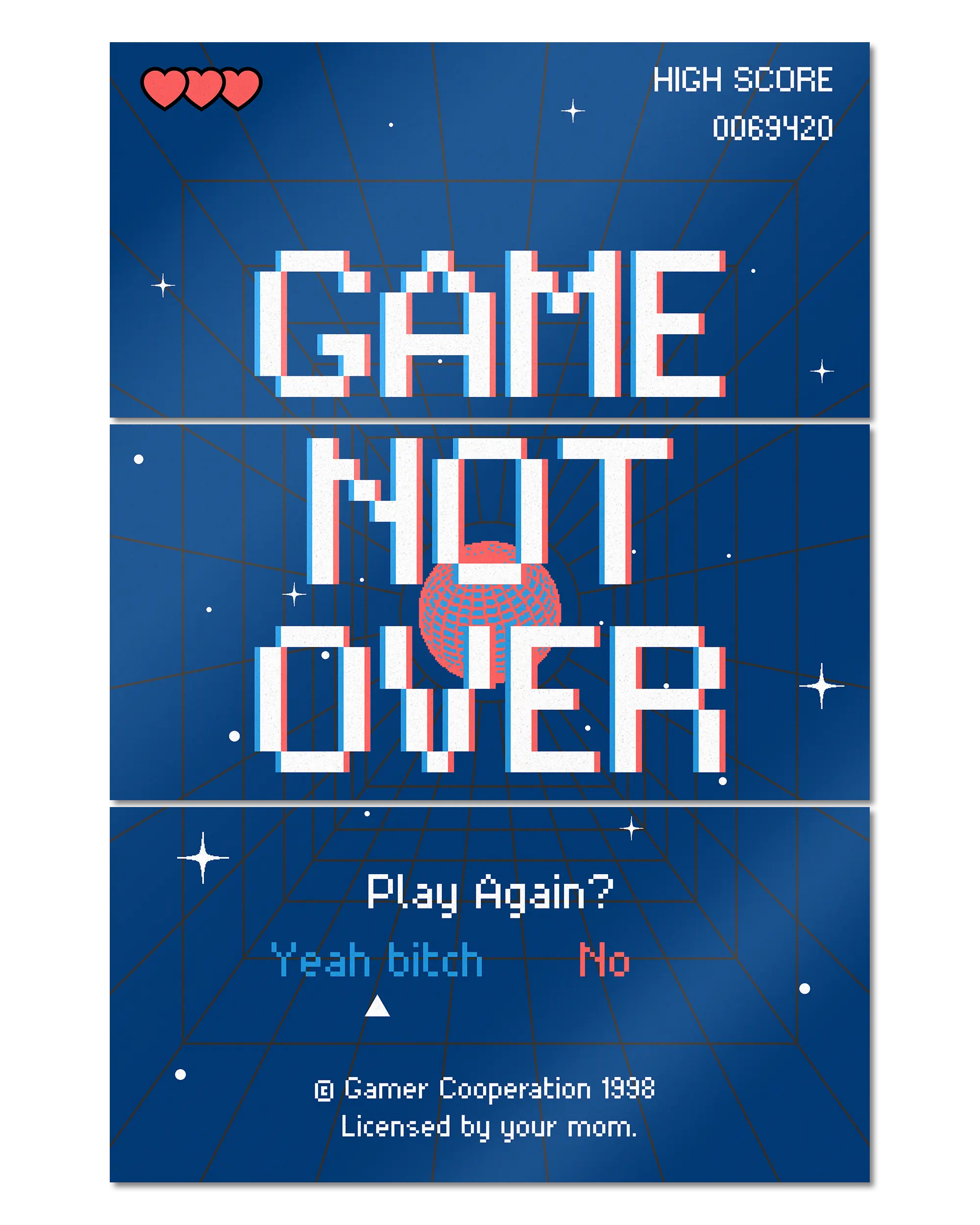 Frontalansicht des Poster Plate Designs Game not over im Metallic Style in der Größe Mighty (60 x 90 cm)