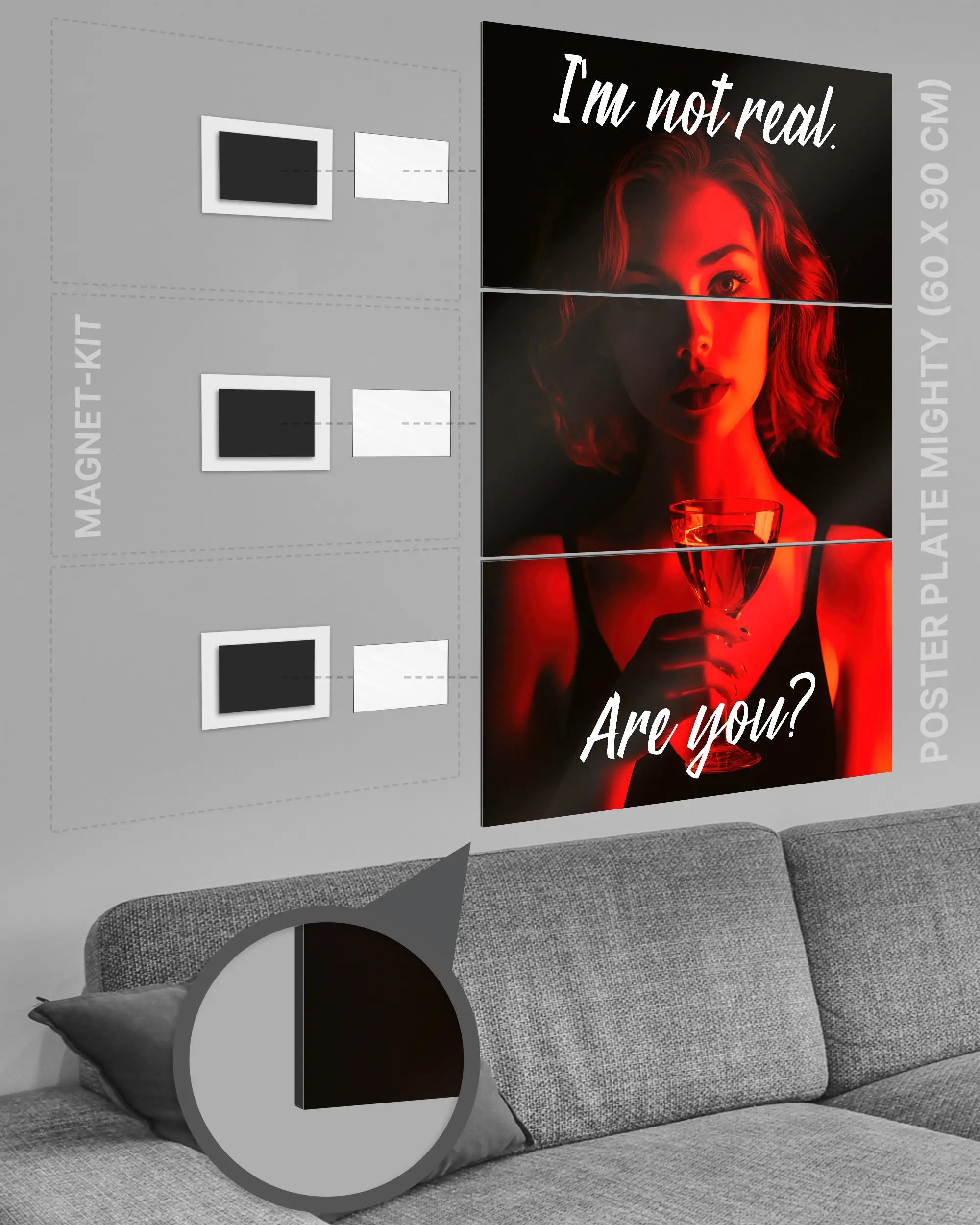 Magnet-Kit Seitenansicht des Poster Plate Designs Are you for real im Metallic Style in der Größe Mighty (60 x 90 cm)