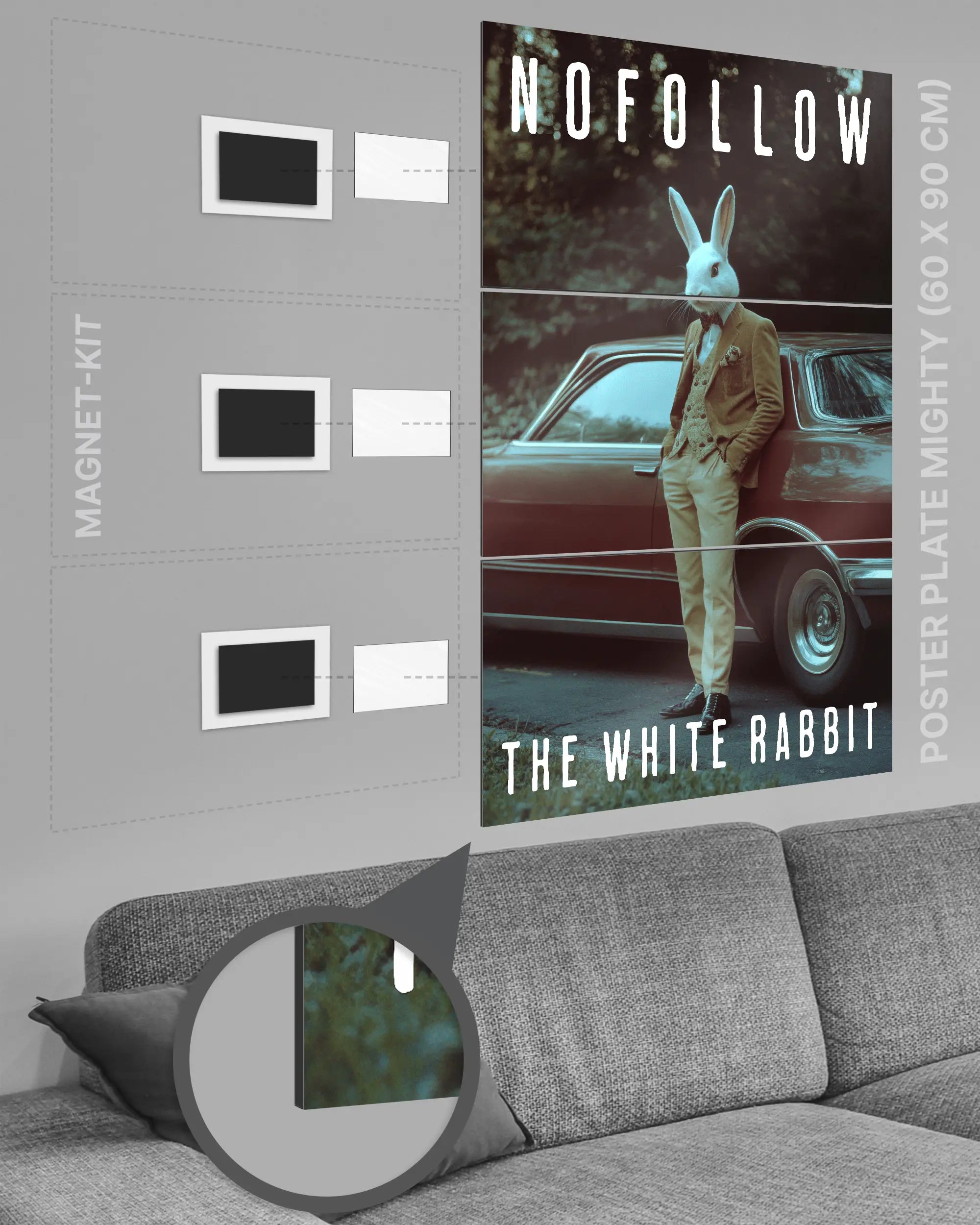 Magnet-Kit Seitenansicht des Poster Plate Designs Nofollow the White Rabbit im Metallic Style in der Größe Mighty (60 x 90 cm)
