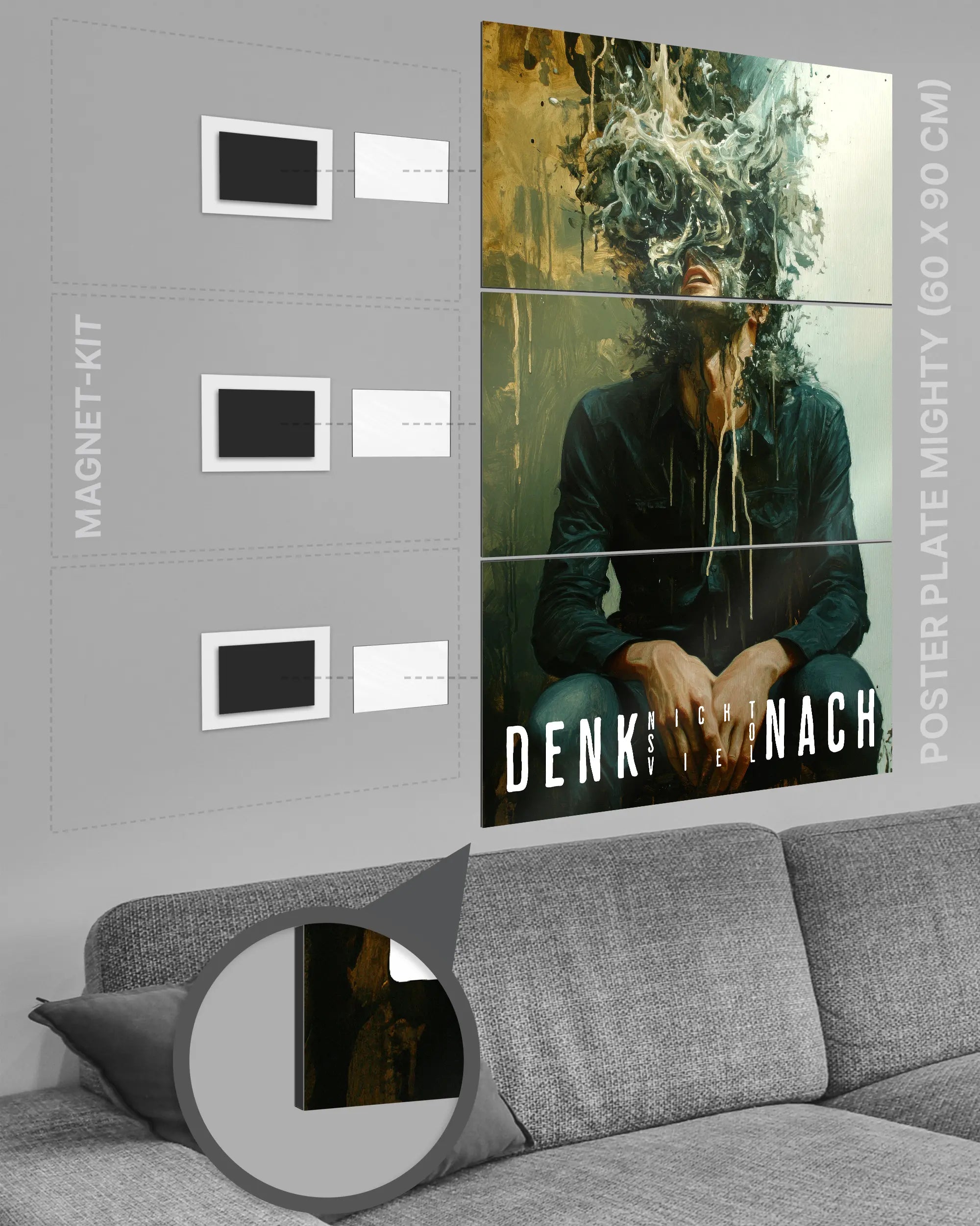 Magnet-Kit Seitenansicht des Poster Plate Designs Denkblockade im Metallic Style in der Größe Mighty (60 x 90 cm)