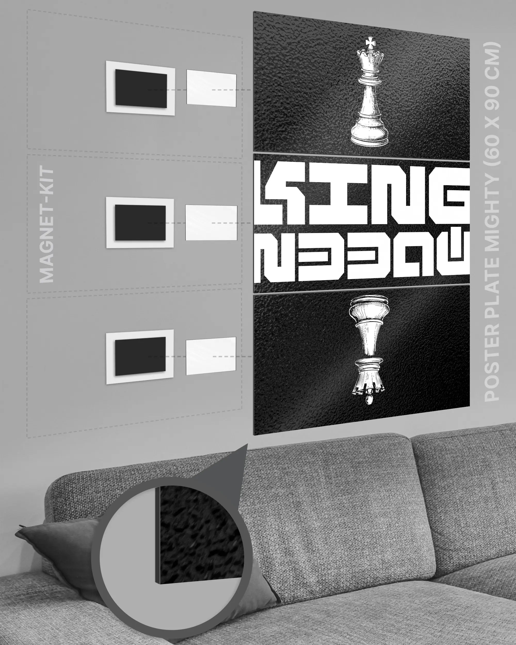 Magnet-Kit Seitenansicht des Poster Plate Designs Chessday im Metallic Style in der Größe Mighty (60 x 90 cm)