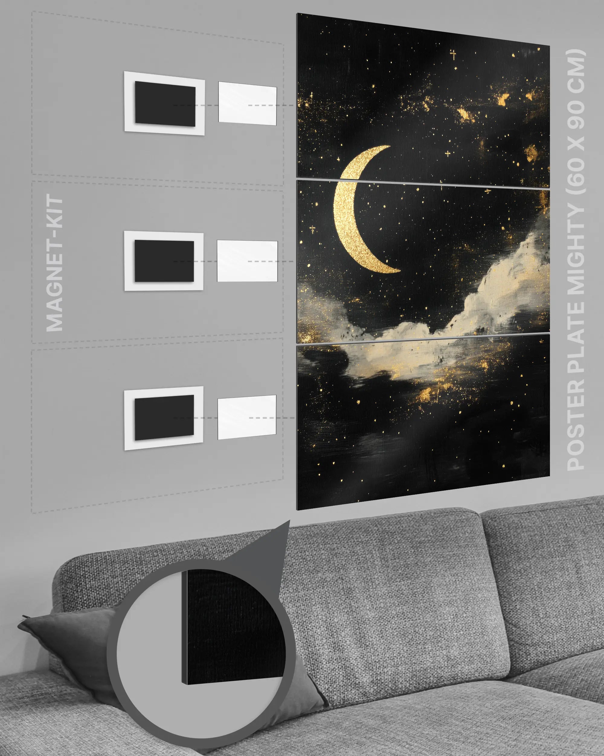 Magnet-Kit Seitenansicht des Poster Plate Designs Goldenes Mondgedicht im Metallic Style in der Größe Mighty (60 x 90 cm)