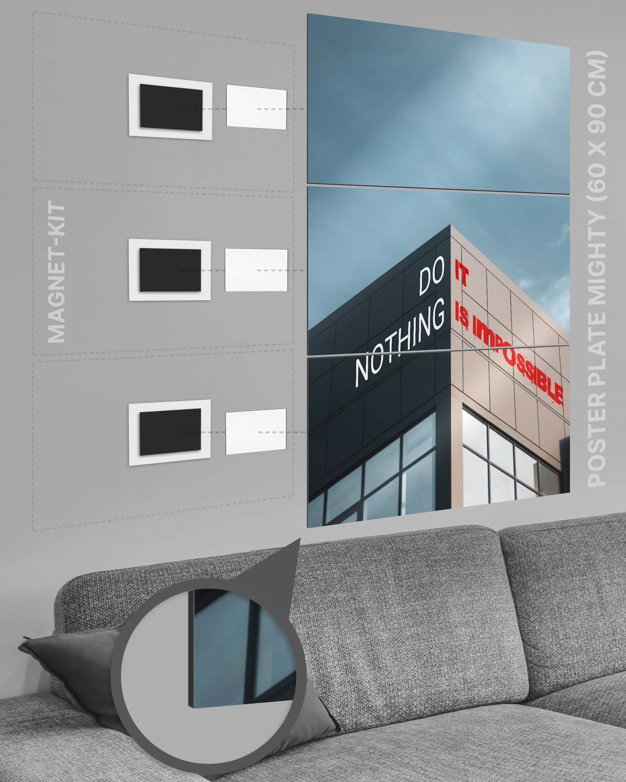 Magnet-Kit Seitenansicht des Poster Plate Designs Do Nothing im Metallic Style in der Größe Mighty (60 x 90 cm)