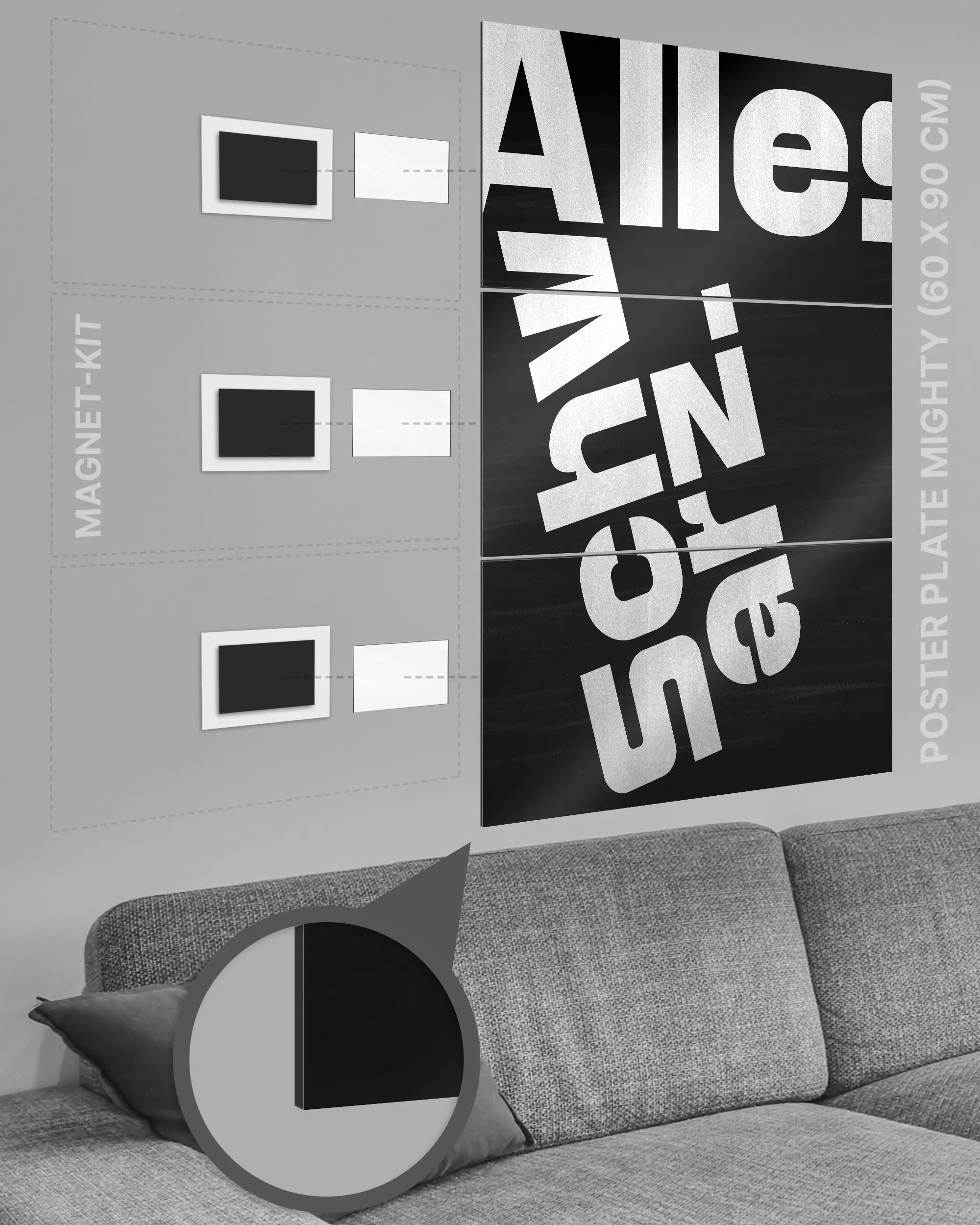 Magnet-Kit Seitenansicht des Poster Plate Designs Alles Schwarz im Metallic Style in der Größe Mighty (60 x 90 cm)