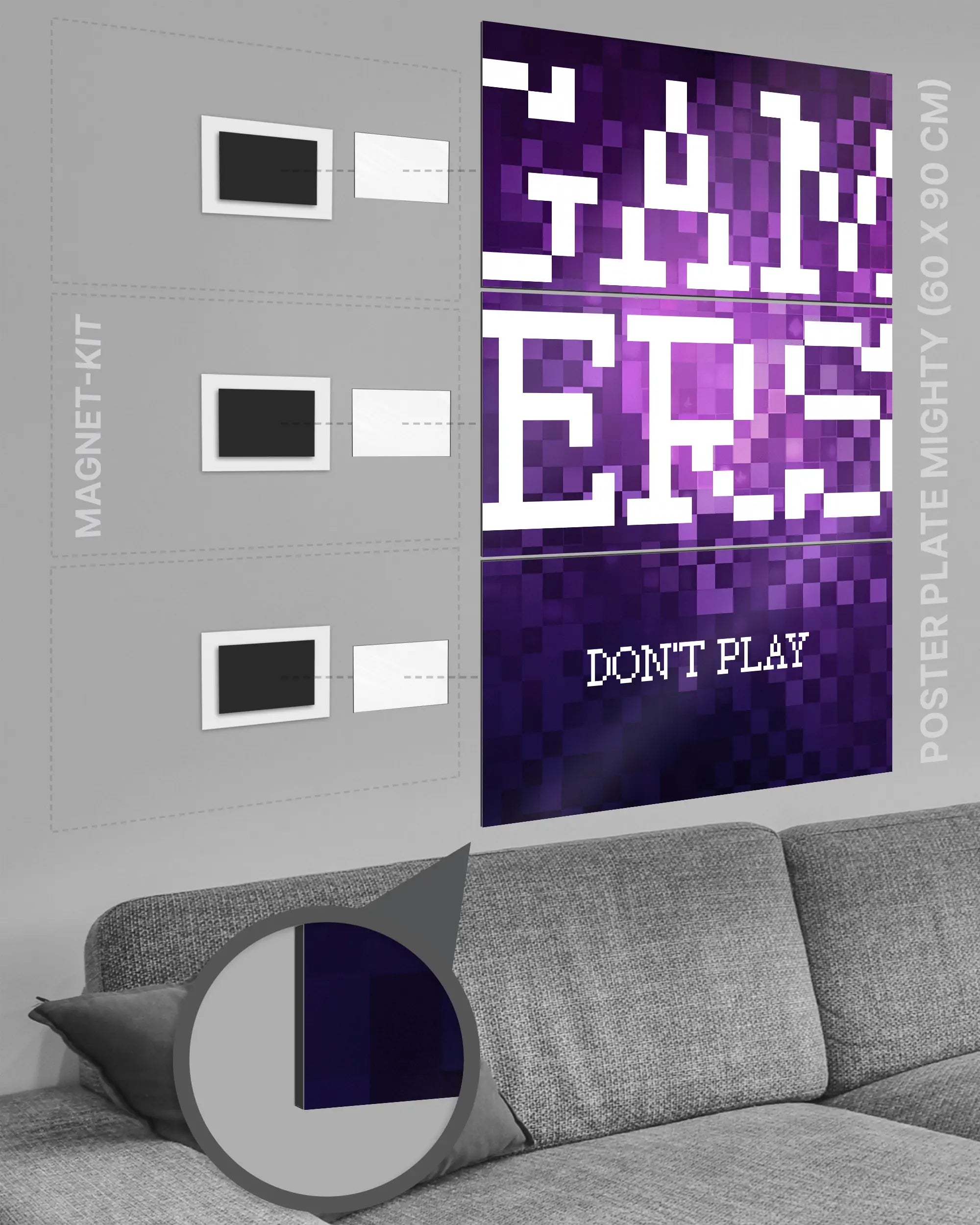 Magnet-Kit Seitenansicht des Poster Plate Designs Gamers don't play im Metallic Style in der Größe Mighty (60 x 90 cm)