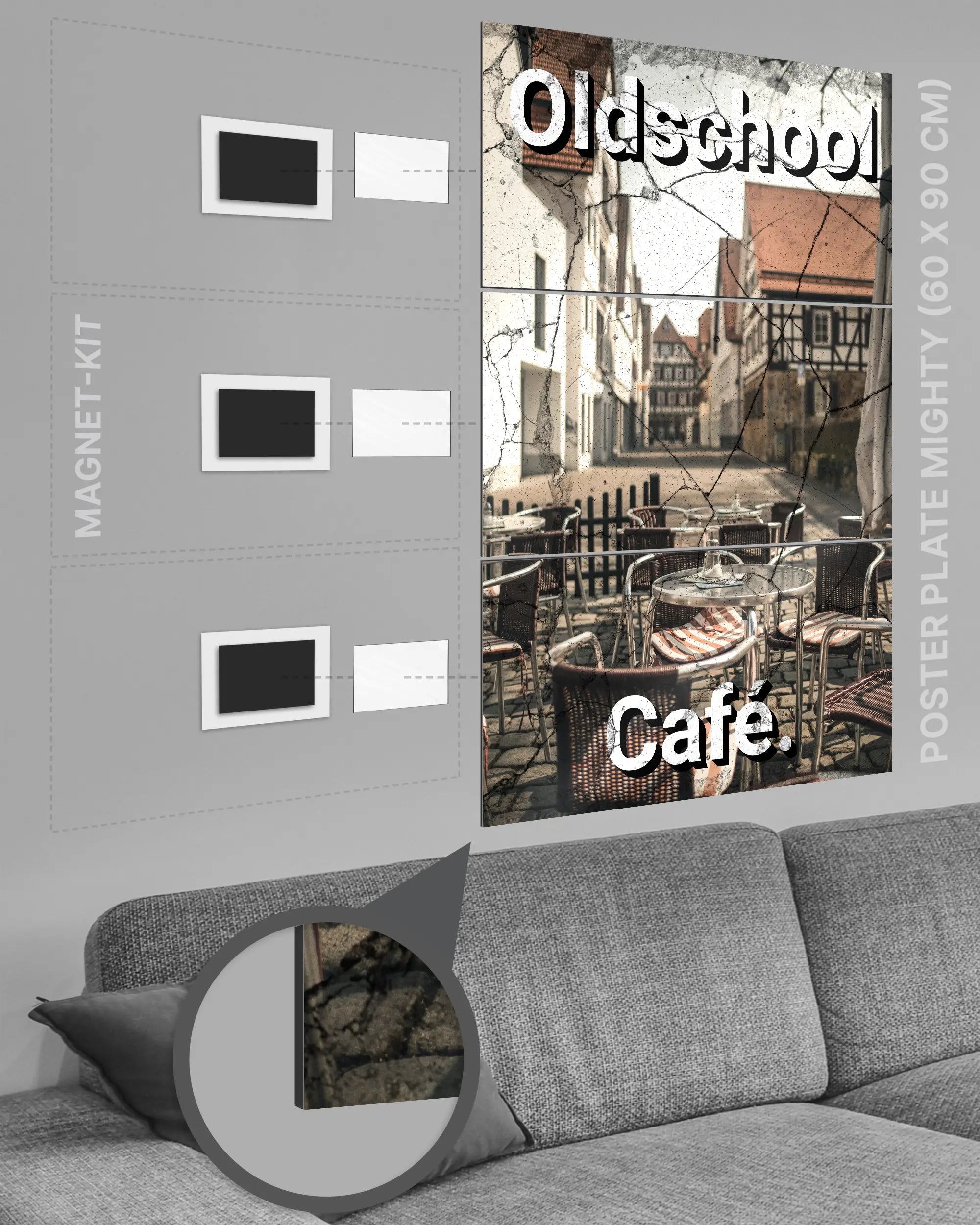 Magnet-Kit Seitenansicht des Poster Plate Designs Oldschool Café im Metallic Style in der Größe Mighty (60 x 90 cm)