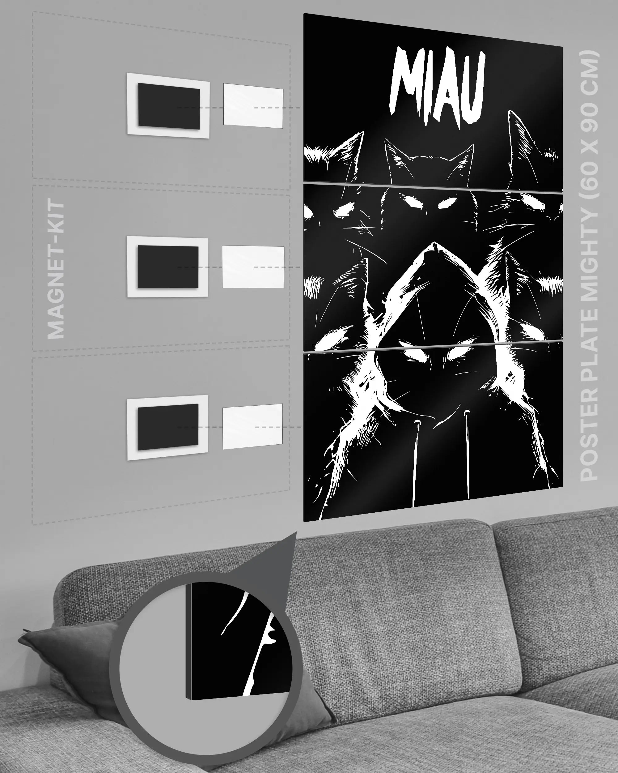 Magnet-Kit Seitenansicht des Poster Plate Designs Miau Gang im Metallic Style in der Größe Mighty (60 x 90 cm)