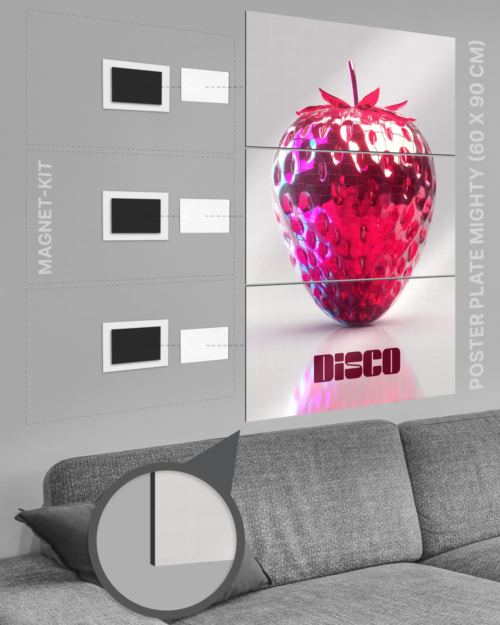 Magnet-Kit Seitenansicht des Poster Plate Designs Discoberry im Metallic Style in der Größe Mighty (60 x 90 cm)