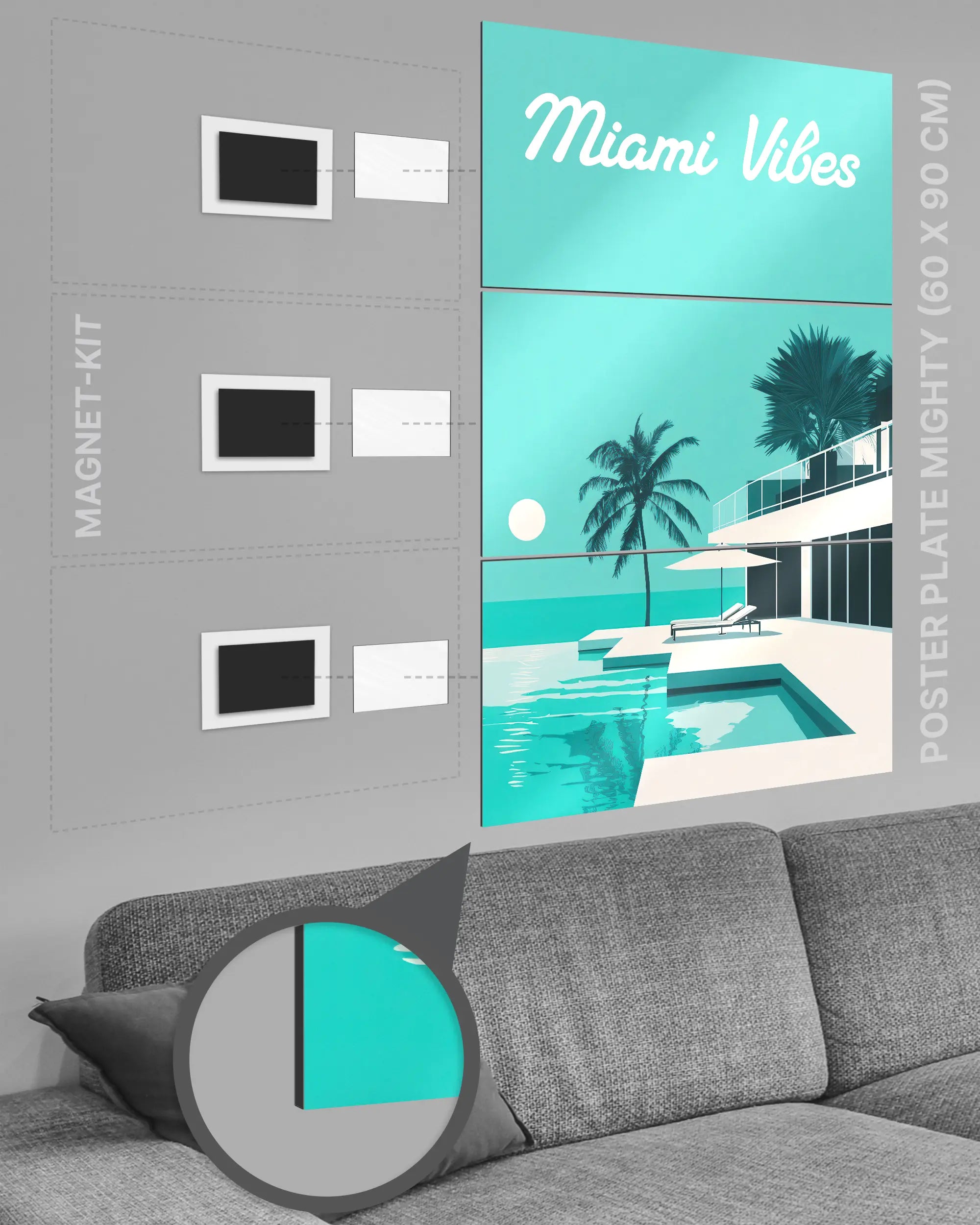 Magnet-Kit Seitenansicht des Poster Plate Designs Miami Vibes im Metallic Style in der Größe Mighty (60 x 90 cm)