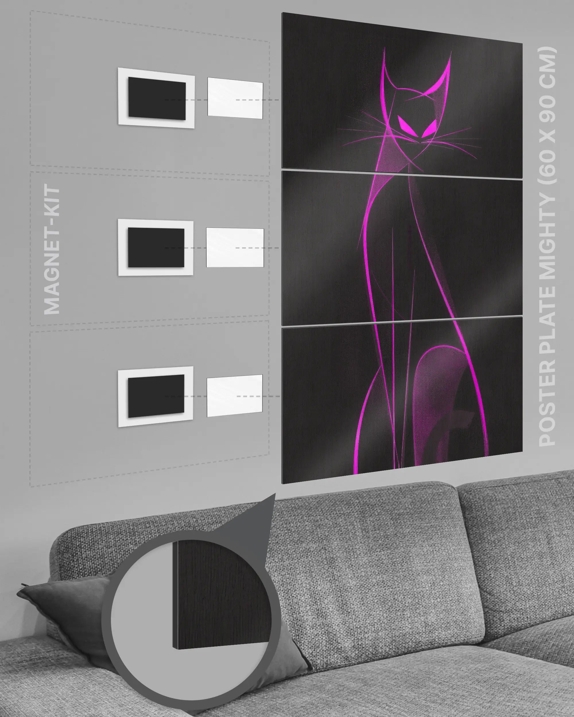 Magnet-Kit Seitenansicht des Poster Plate Designs Katzenkrimi im Metallic Style in der Größe Mighty (60 x 90 cm)