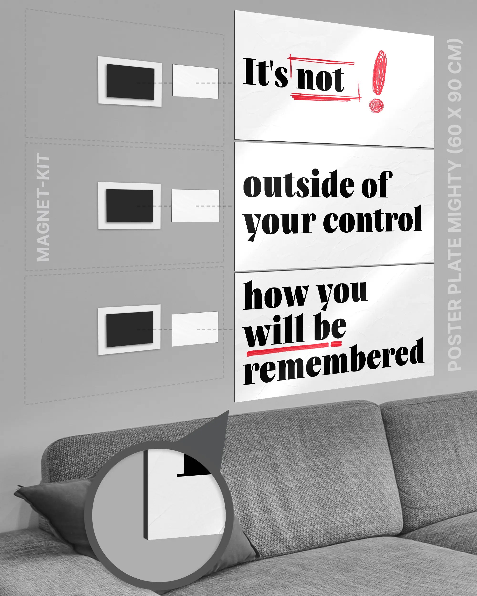 Magnet-Kit Seitenansicht des Poster Plate Designs Write your story im Metallic Style in der Größe Mighty (60 x 90 cm)