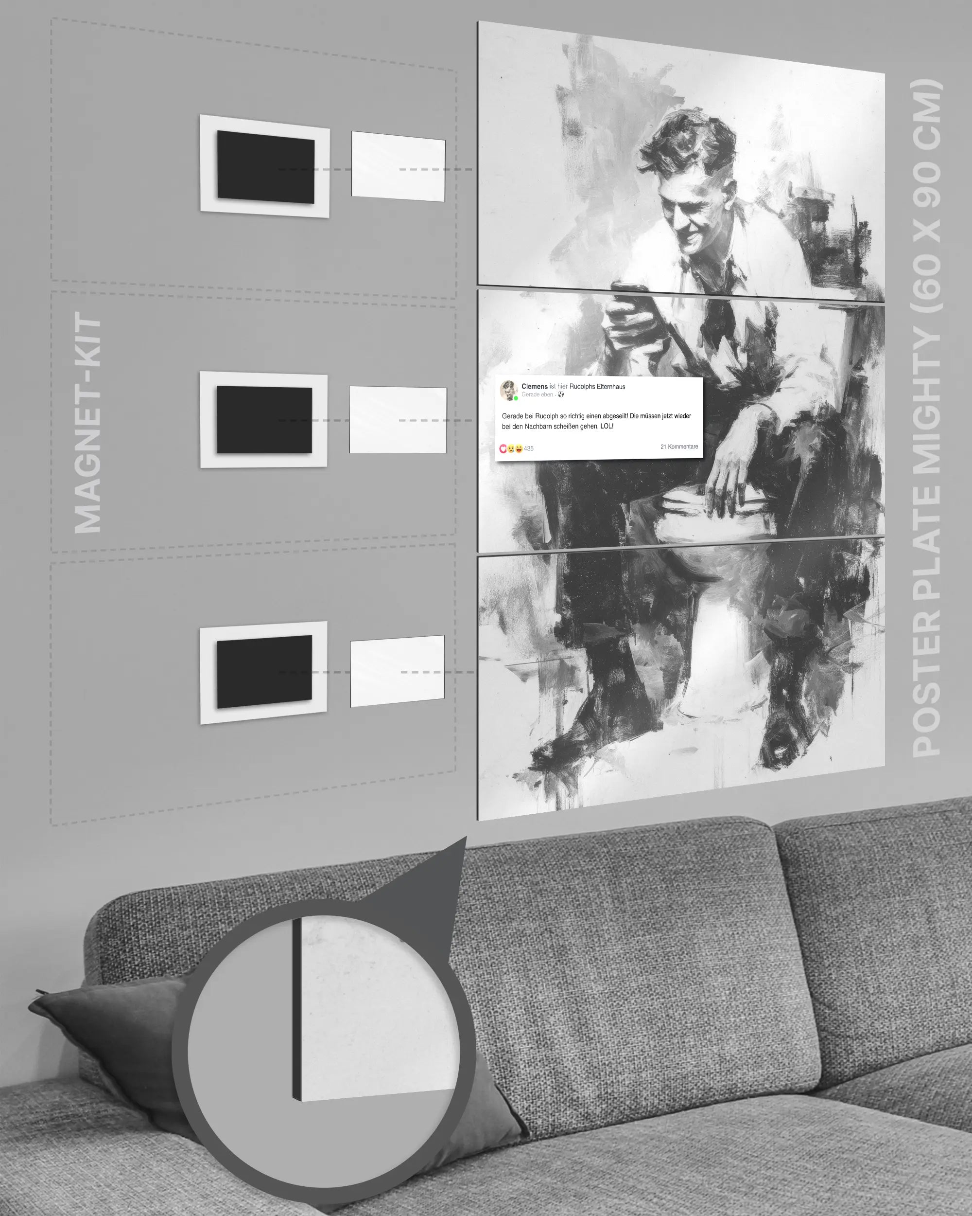 Magnet-Kit Seitenansicht des Poster Plate Designs Clemens kackt im Metallic Style in der Größe Mighty (60 x 90 cm)