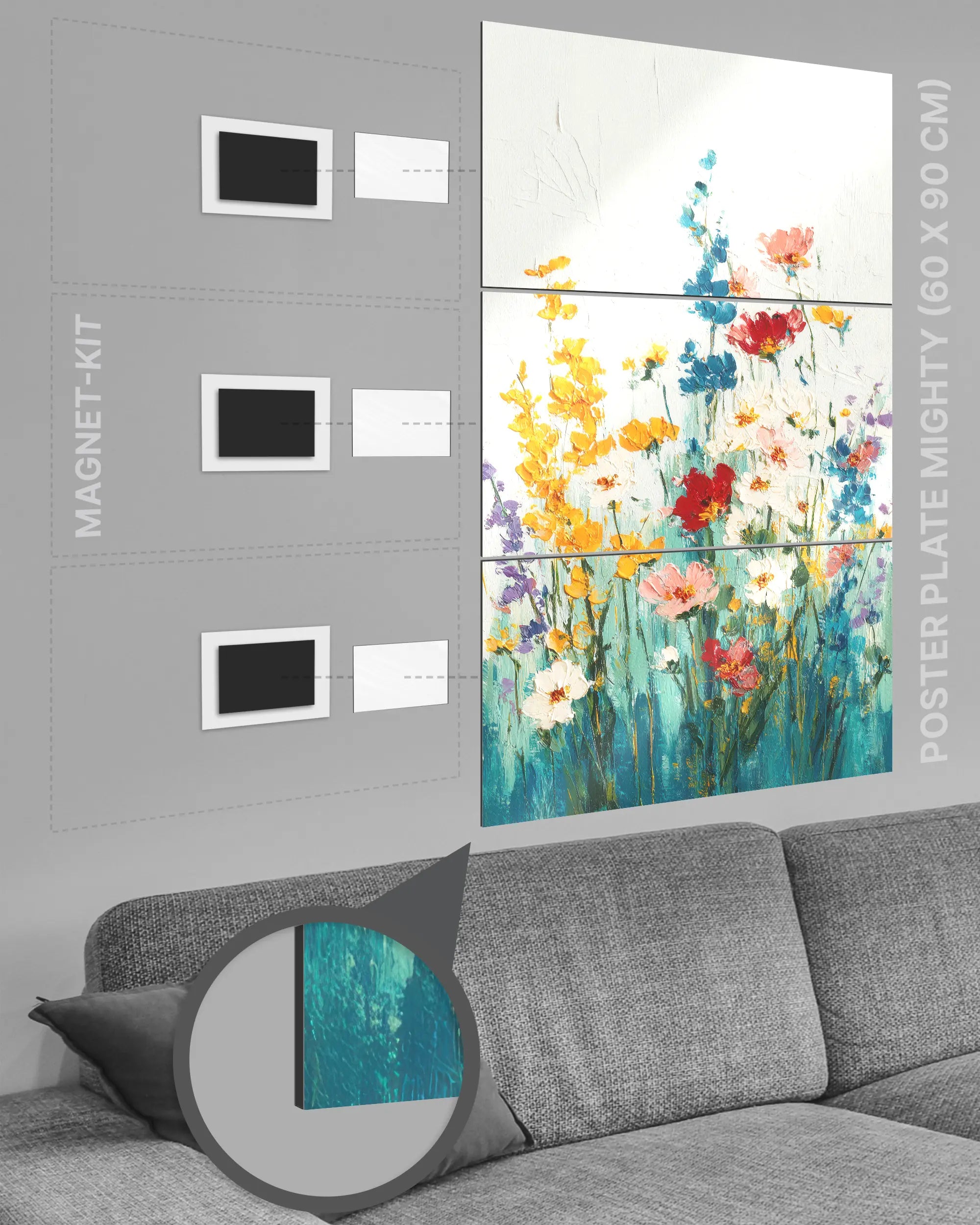 Magnet-Kit Seitenansicht des Poster Plate Designs Blühen statt Mühen im Metallic Style in der Größe Mighty (60 x 90 cm)