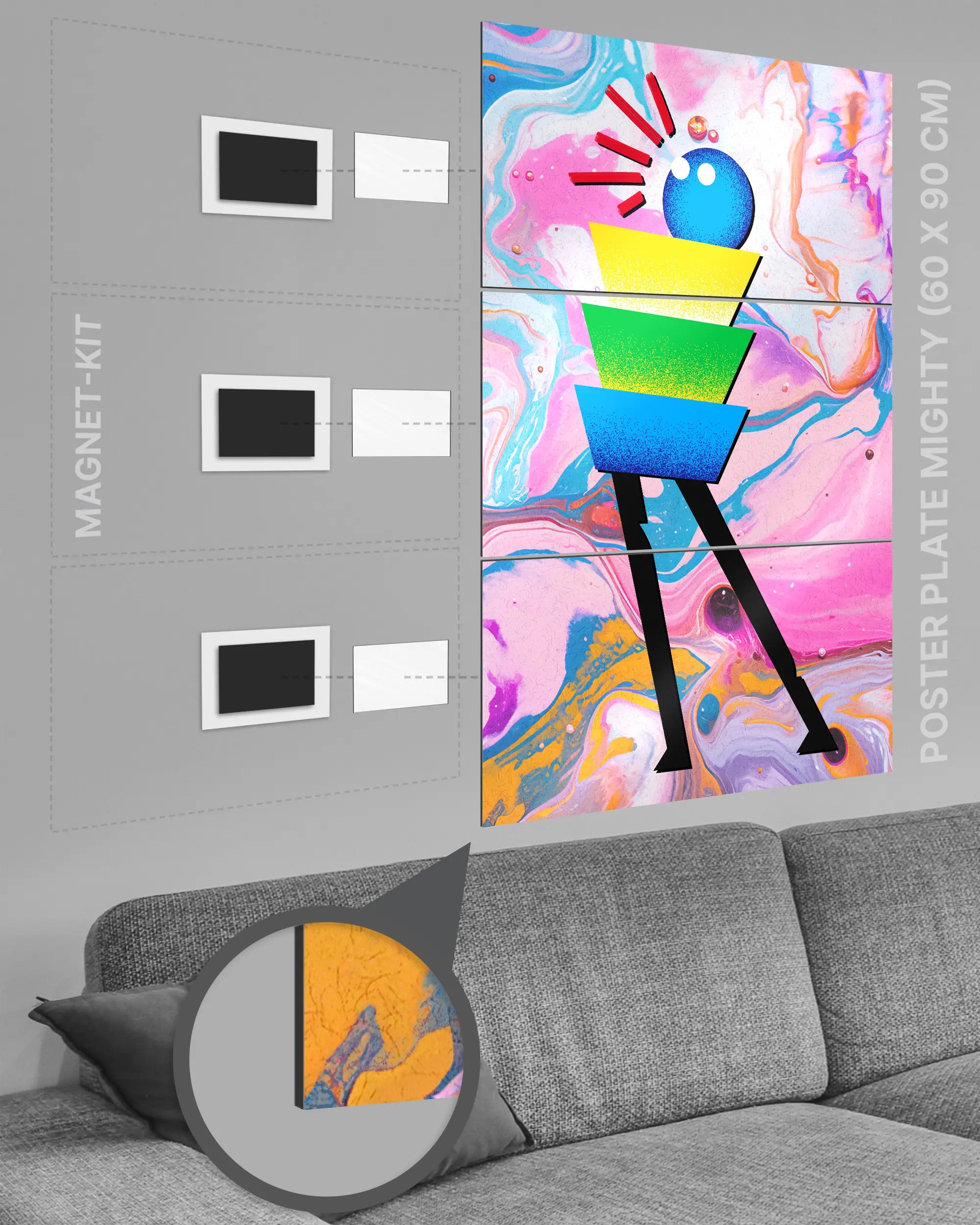 Magnet-Kit Seitenansicht des Poster Plate Designs Ein Kunstwerk im Metallic Style in der Größe Mighty (60 x 90 cm)