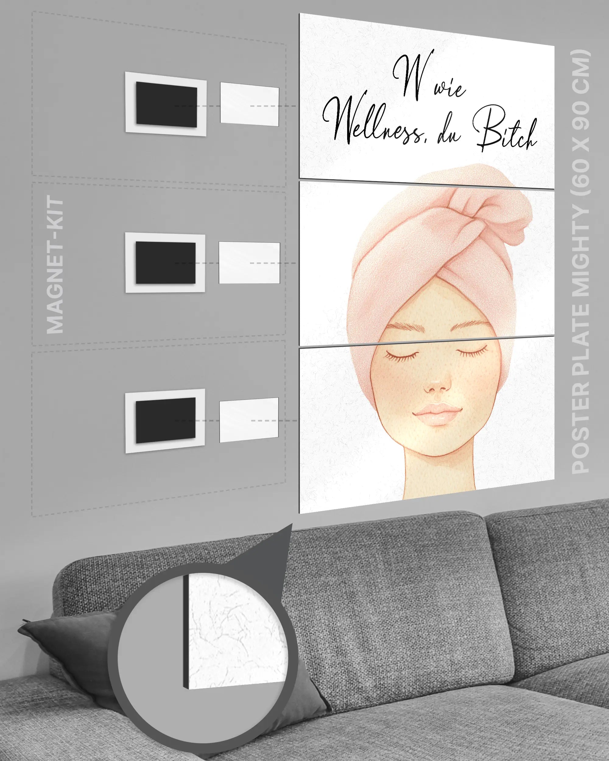 Magnet-Kit Seitenansicht des Poster Plate Designs Wellness Routine im Metallic Style in der Größe Mighty (60 x 90 cm)