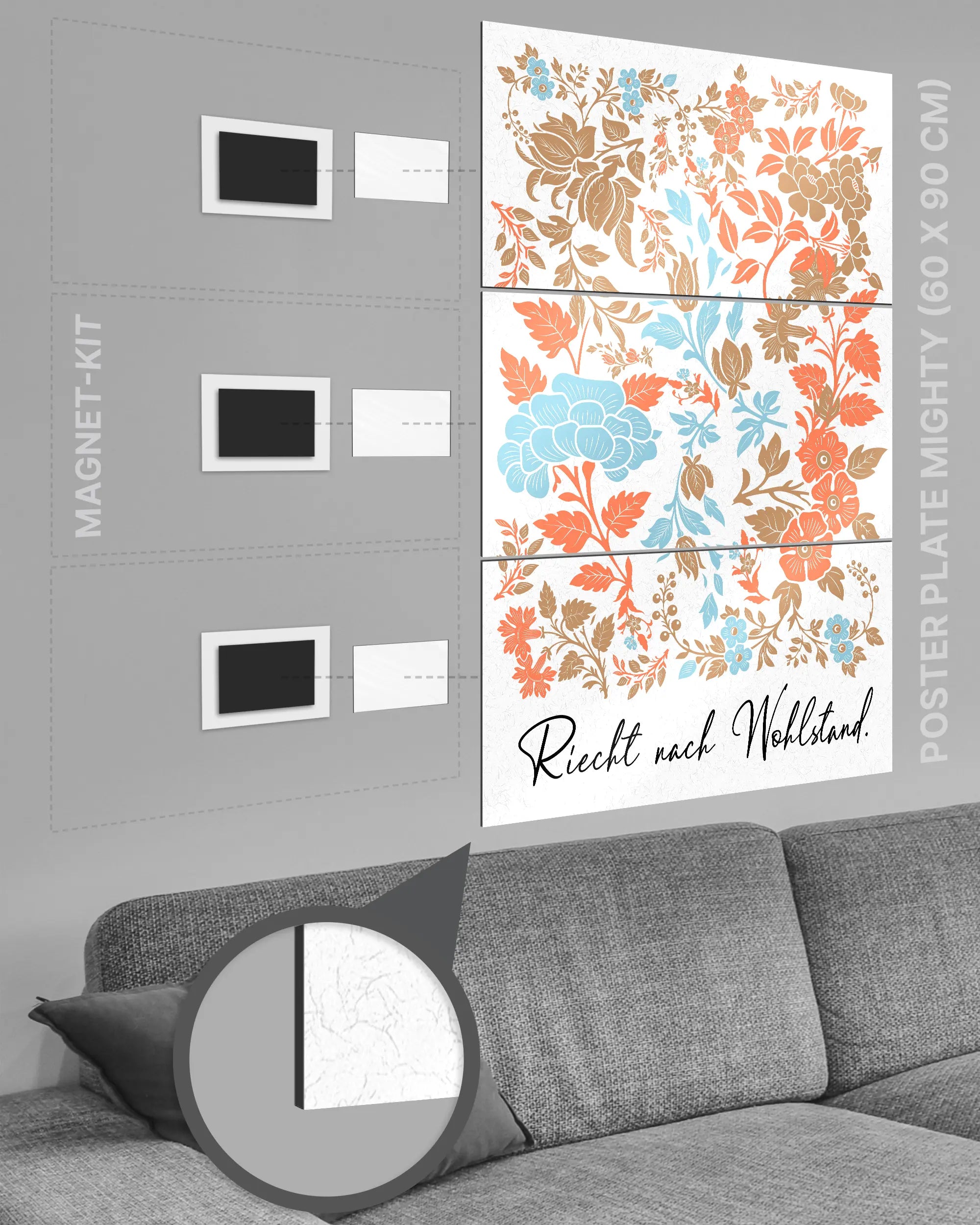 Magnet-Kit Seitenansicht des Poster Plate Designs Wohlstandsduft im Metallic Style in der Größe Mighty (60 x 90 cm)