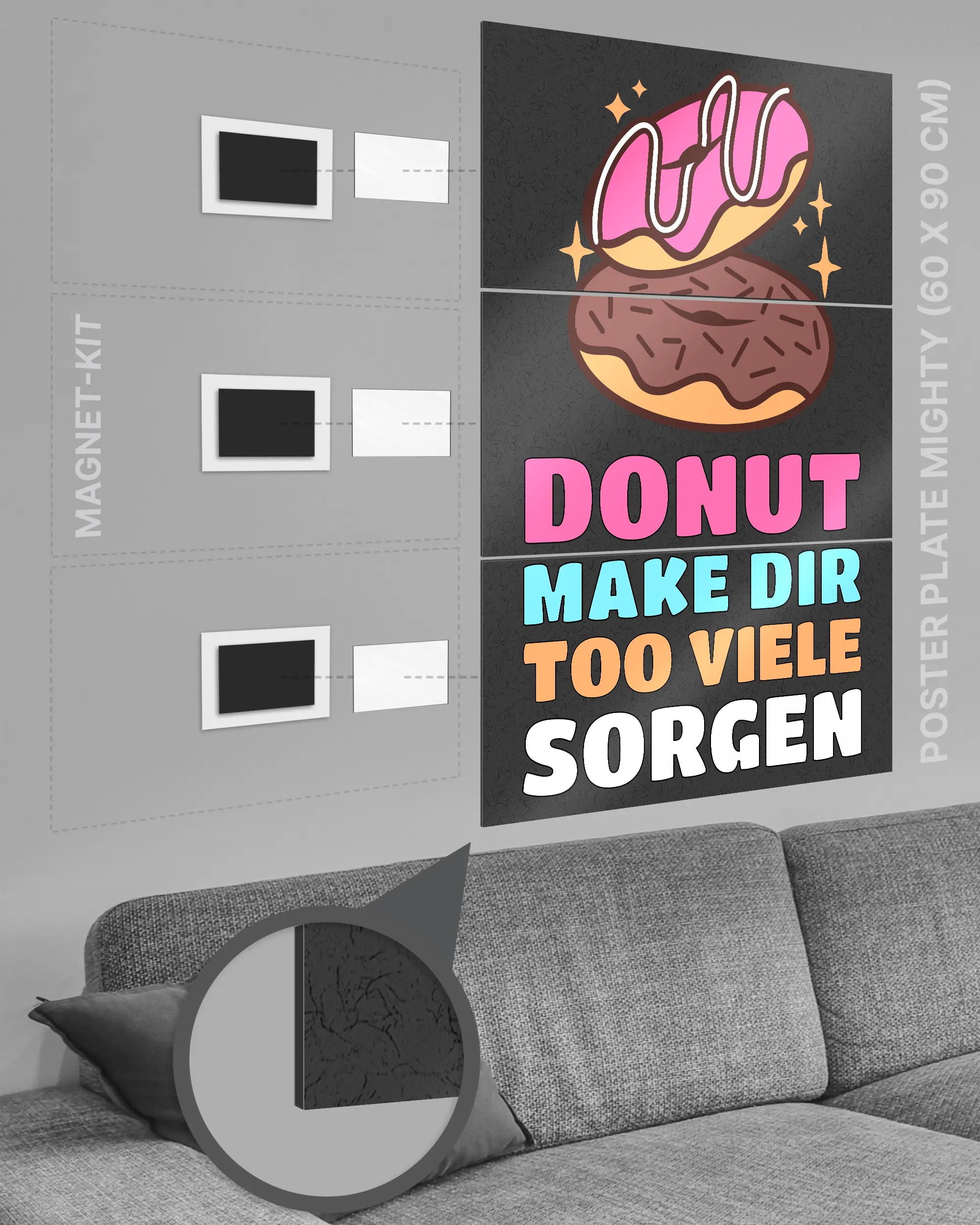 Magnet-Kit Seitenansicht des Poster Plate Designs Donut Worry im Metallic Style in der Größe Mighty (60 x 90 cm)