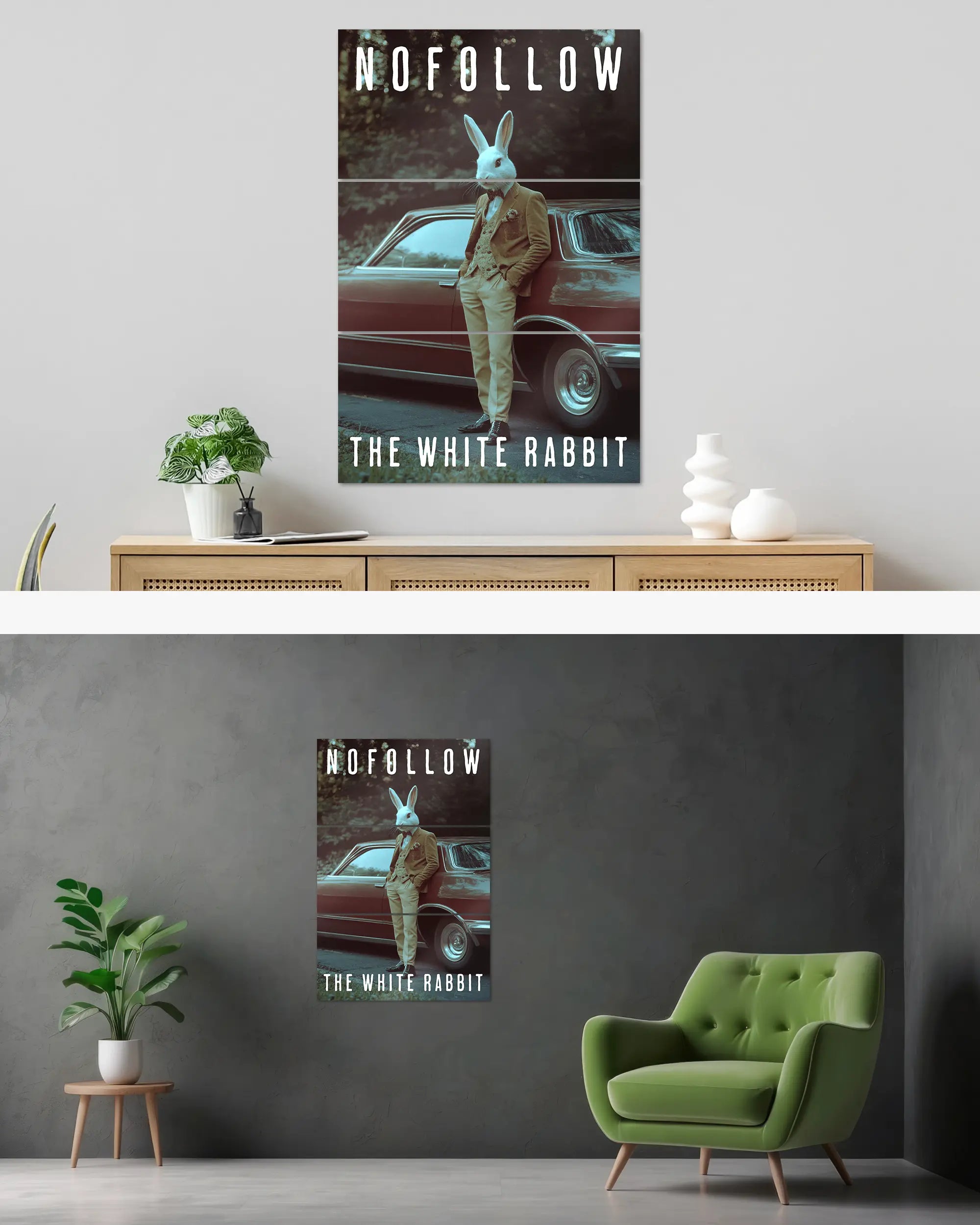 Wandansicht des Poster Plate Designs Nofollow the White Rabbit im Metallic Style in der Größe Mighty (60 x 90 cm)