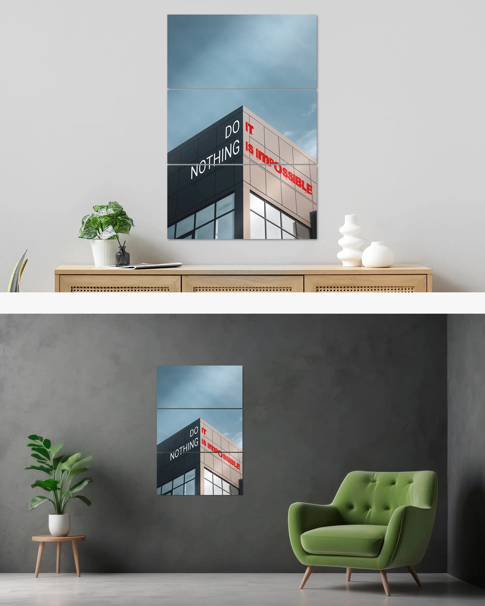 Wandansicht des Poster Plate Designs Do Nothing im Metallic Style in der Größe Mighty (60 x 90 cm)