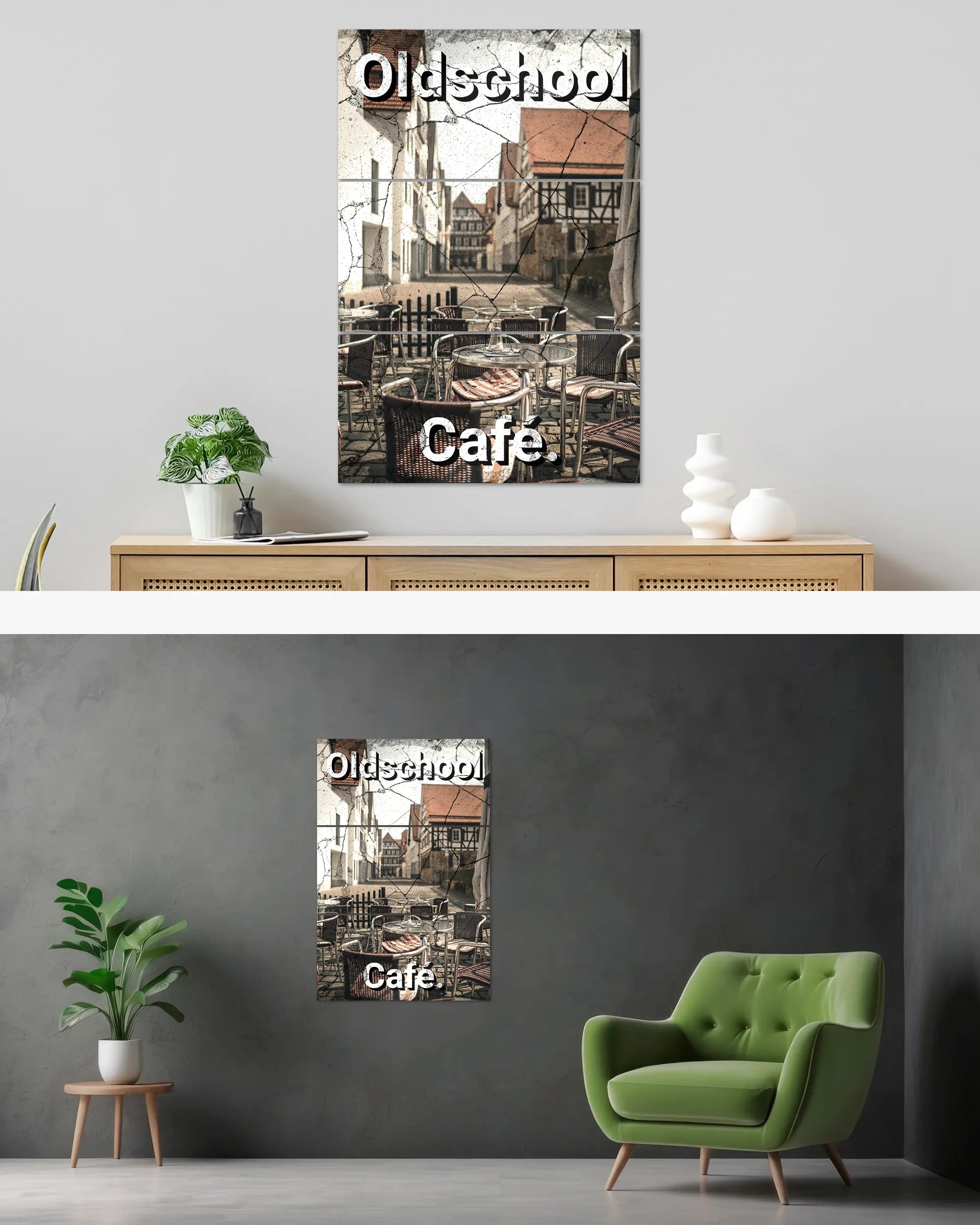 Wandansicht des Poster Plate Designs Oldschool Café im Metallic Style in der Größe Mighty (60 x 90 cm)