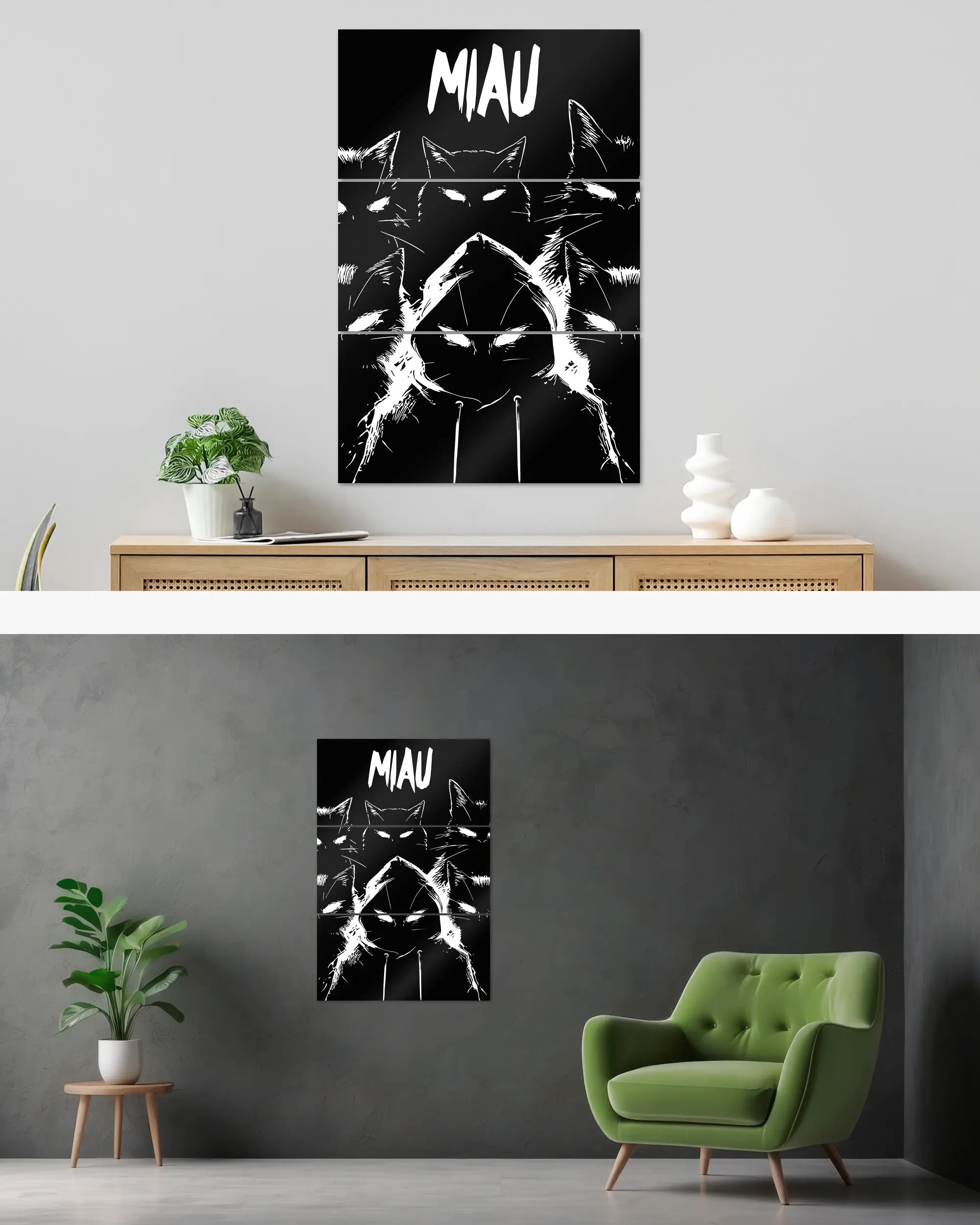 Wandansicht des Poster Plate Designs Miau Gang im Metallic Style in der Größe Mighty (60 x 90 cm)