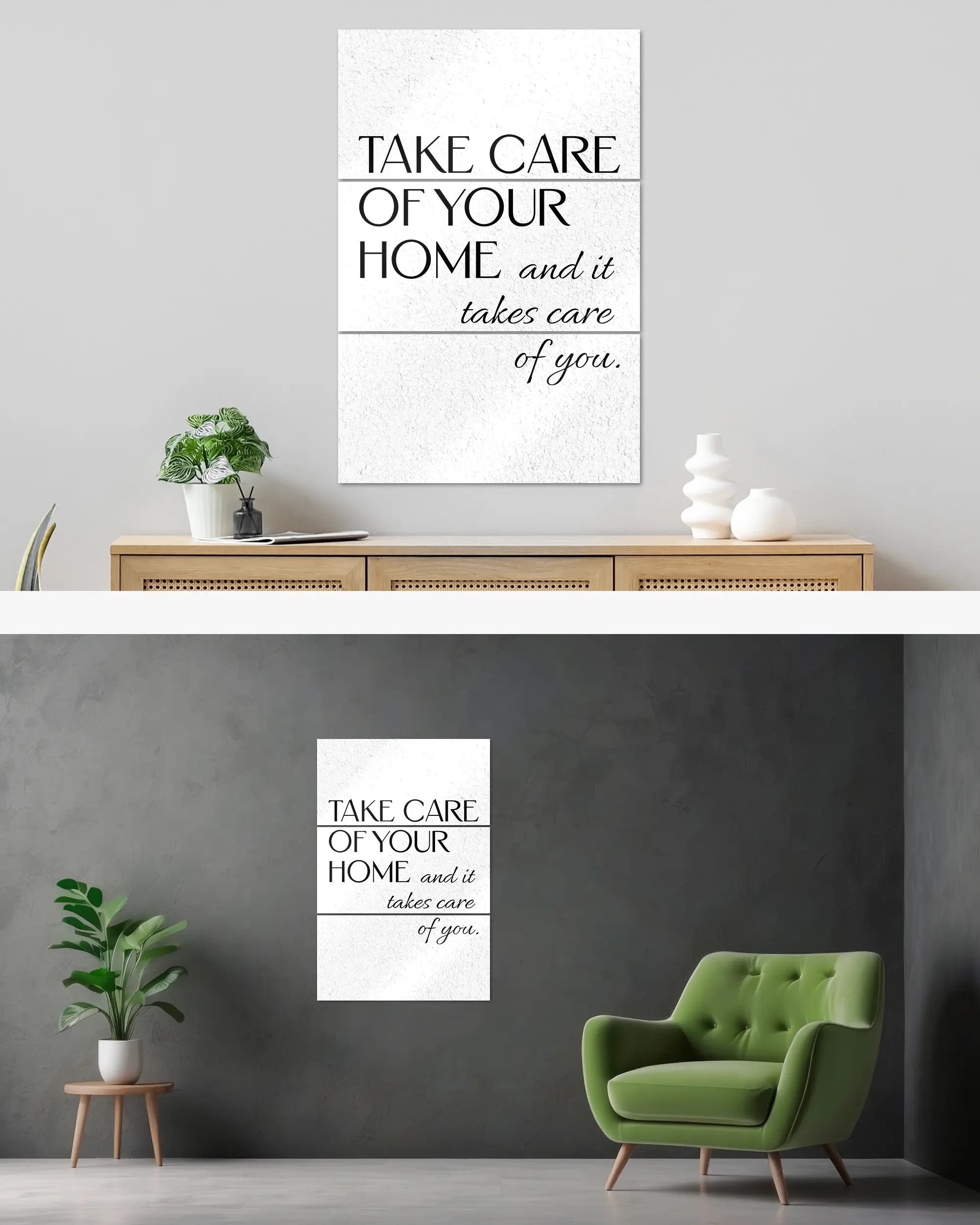 Wandansicht des Poster Plate Designs Take Care im Metallic Style in der Größe Mighty (60 x 90 cm)