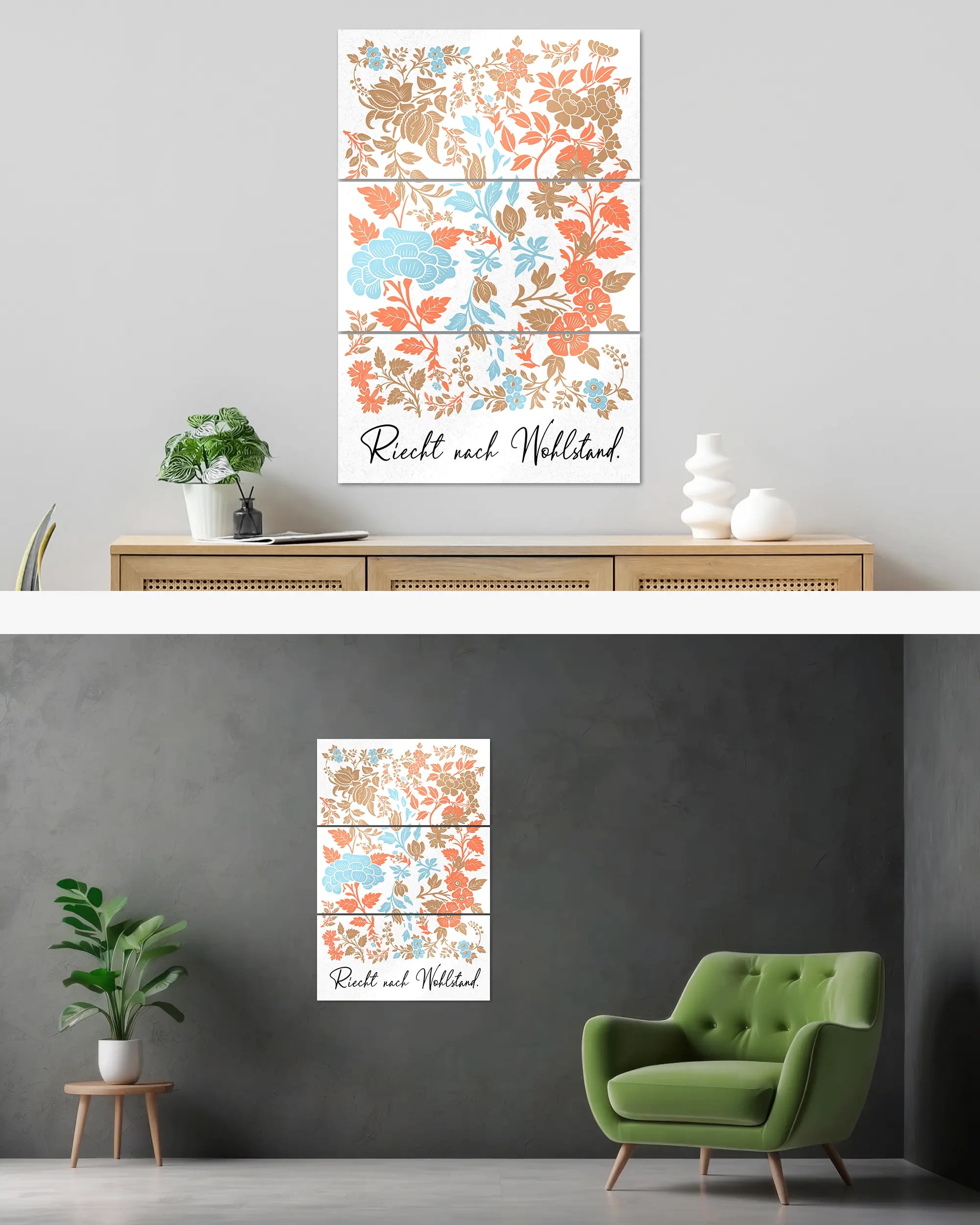 Wandansicht des Poster Plate Designs Wohlstandsduft im Metallic Style in der Größe Mighty (60 x 90 cm)