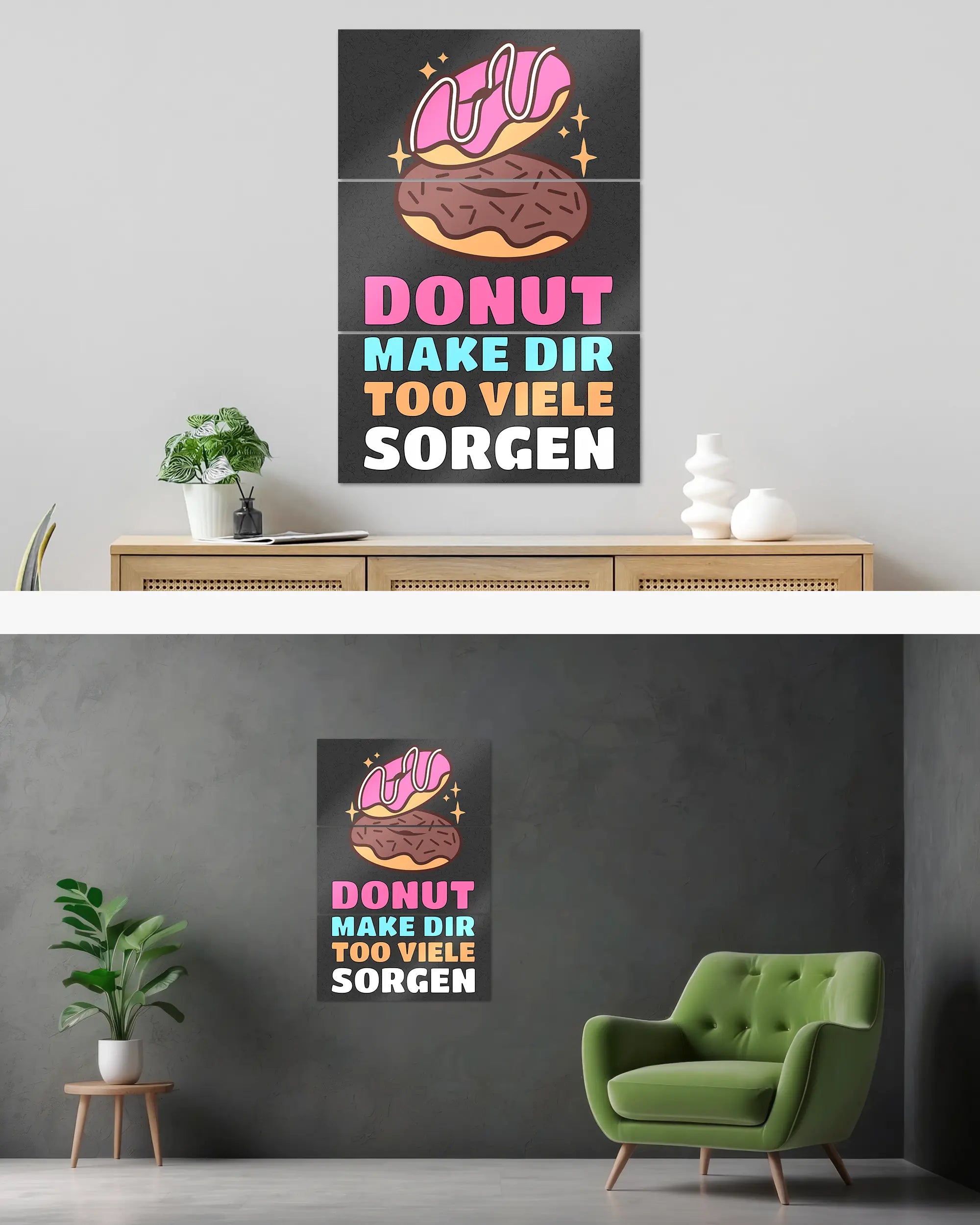 Wandansicht des Poster Plate Designs Donut Worry im Metallic Style in der Größe Mighty (60 x 90 cm)
