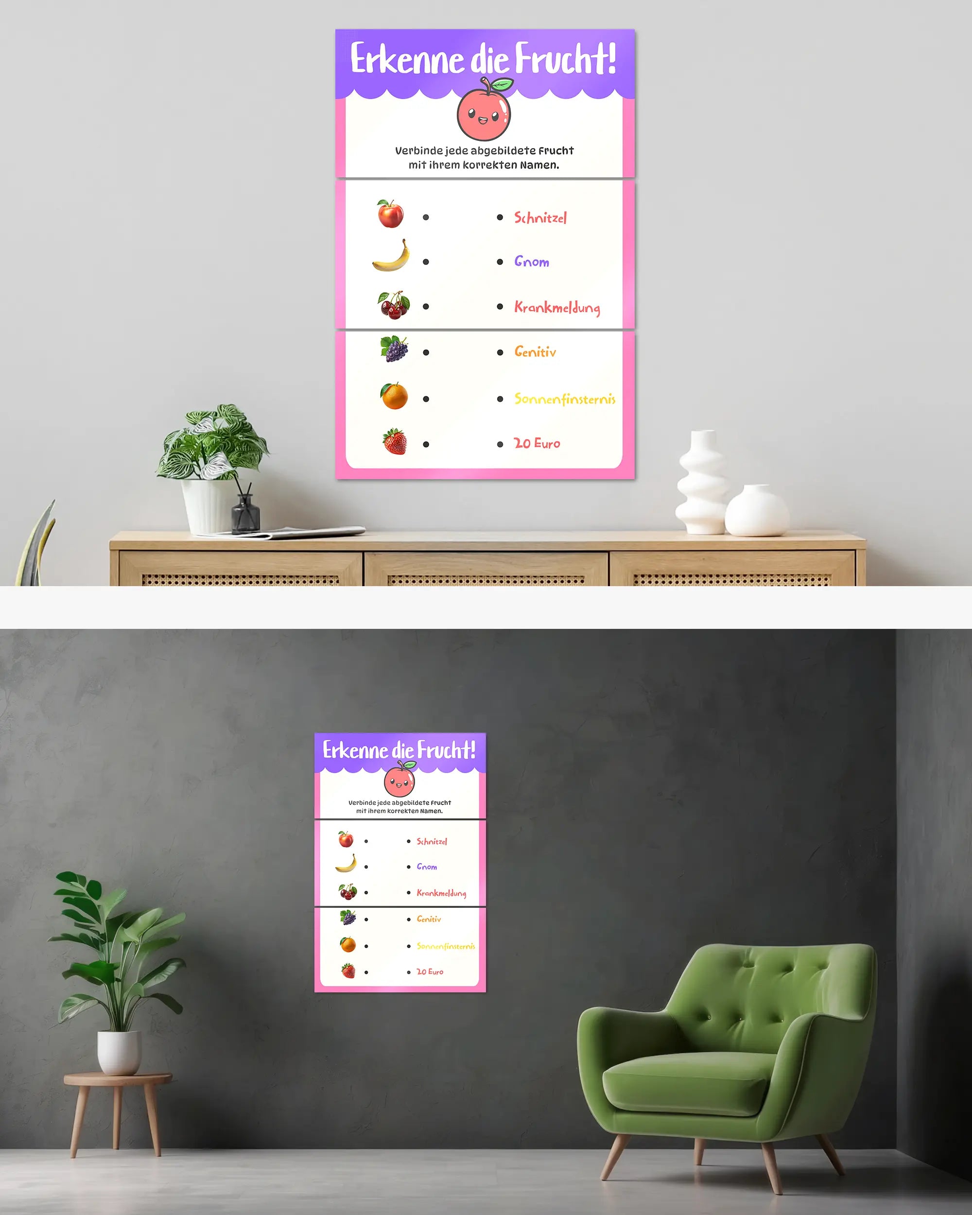 Wandansicht des Poster Plate Designs Fruchtvokabeln im Metallic Style in der Größe Mighty (60 x 90 cm)