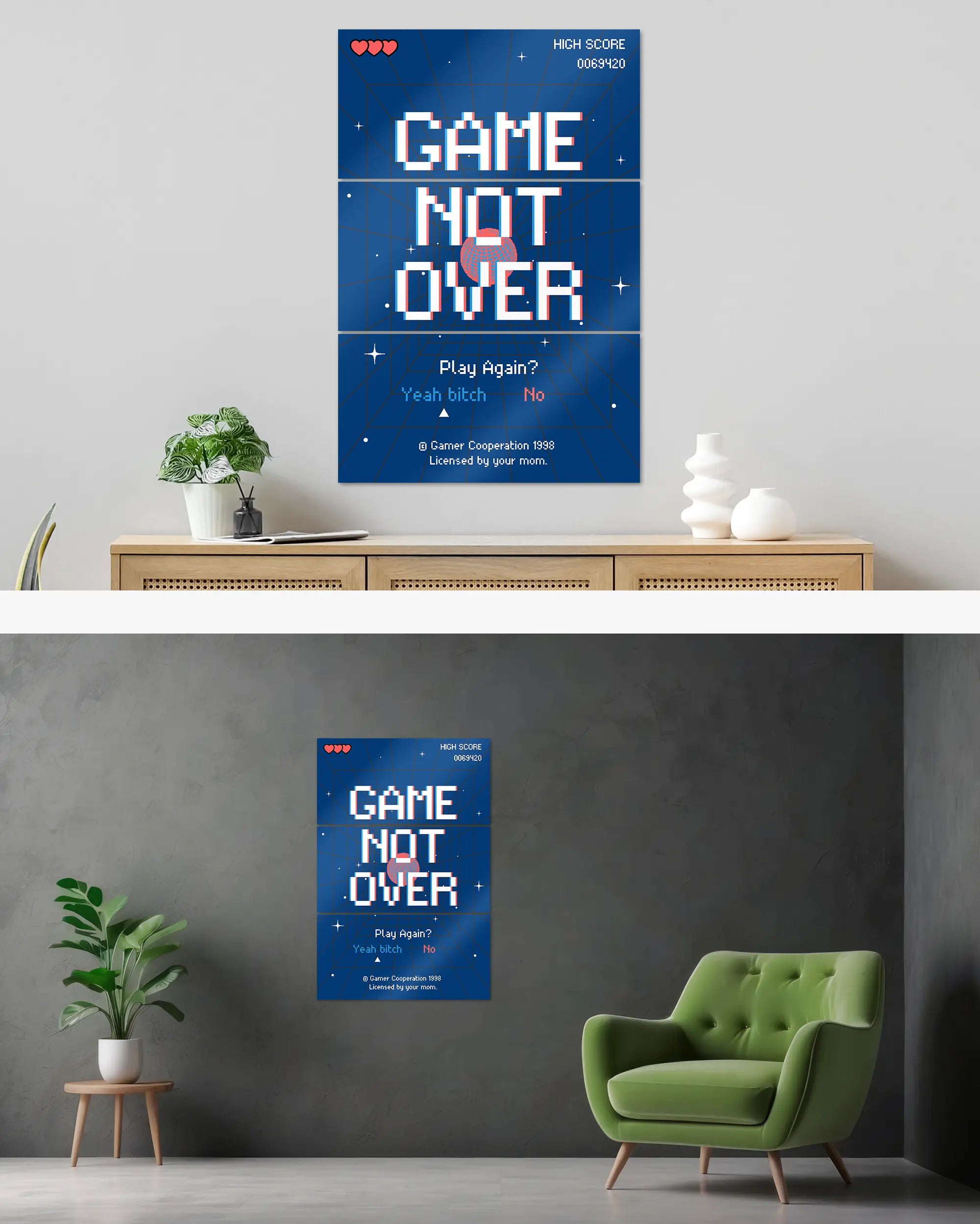 Wandansicht des Poster Plate Designs Game not over im Metallic Style in der Größe Mighty (60 x 90 cm)