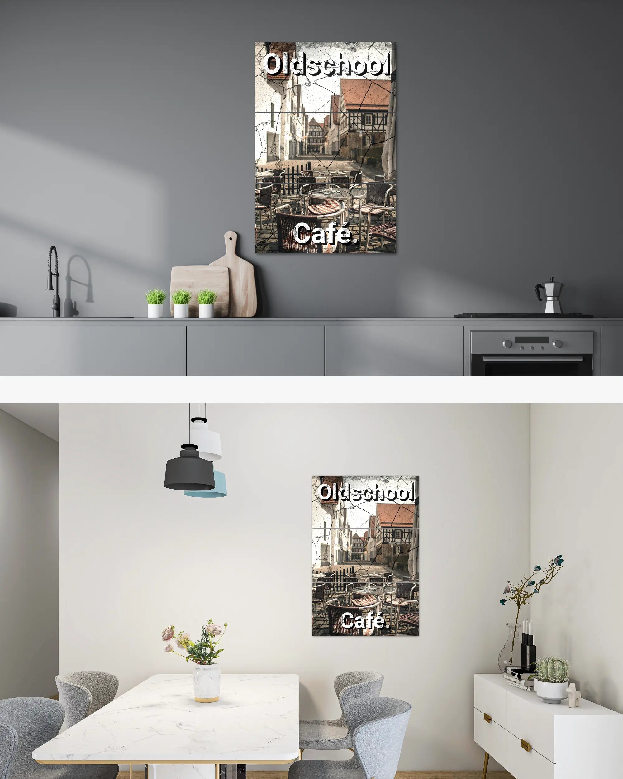 Zimmeransicht des Poster Plate Designs Oldschool Café im Metallic Style in der Größe Mighty (60 x 90 cm)