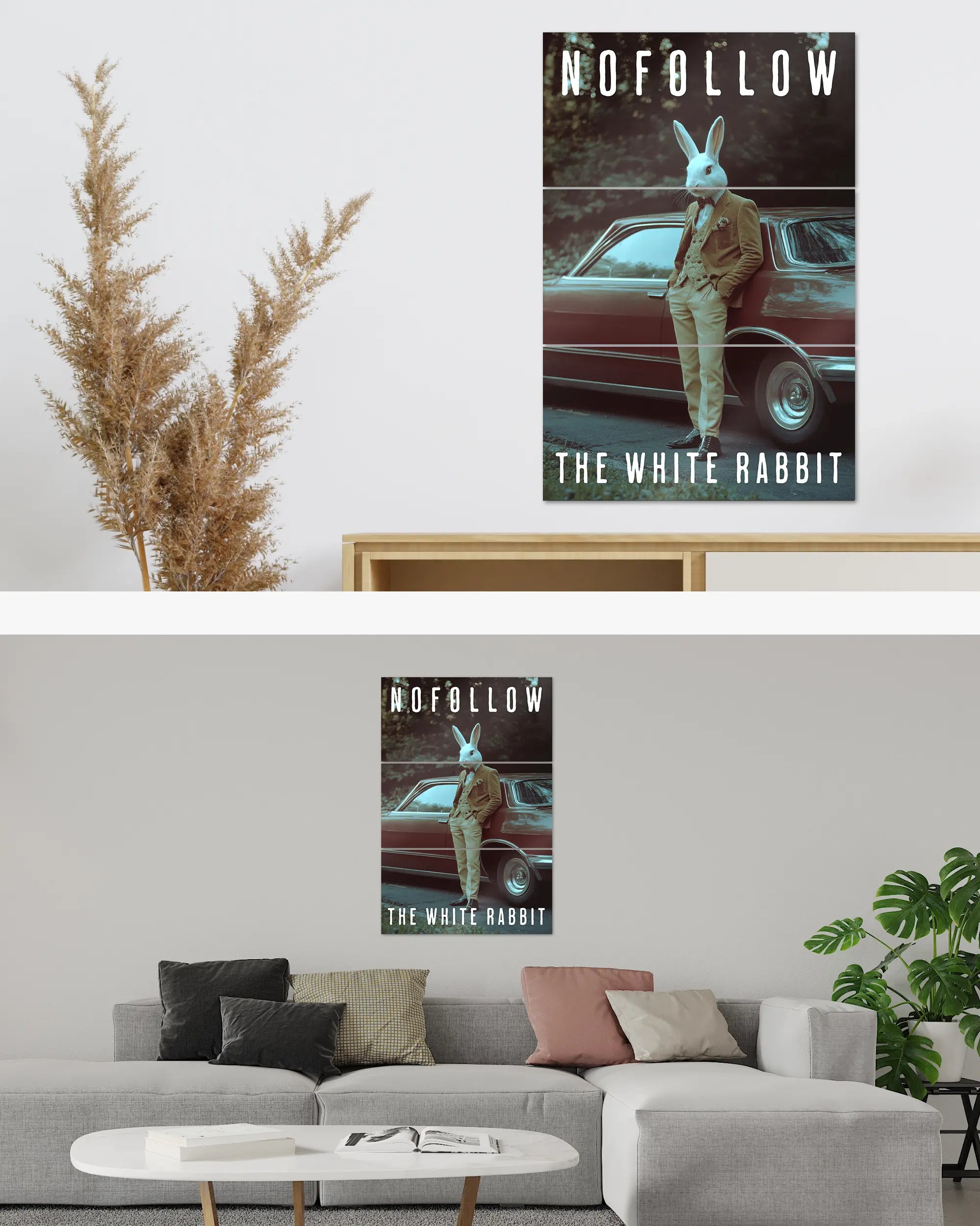 Zimmeransicht des Poster Plate Designs Nofollow the White Rabbit im Metallic Style in der Größe Mighty (60 x 90 cm)