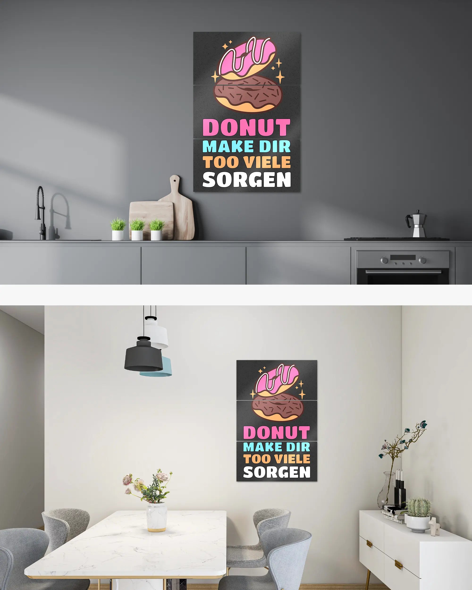 Zimmeransicht des Poster Plate Designs Donut Worry im Metallic Style in der Größe Mighty (60 x 90 cm)
