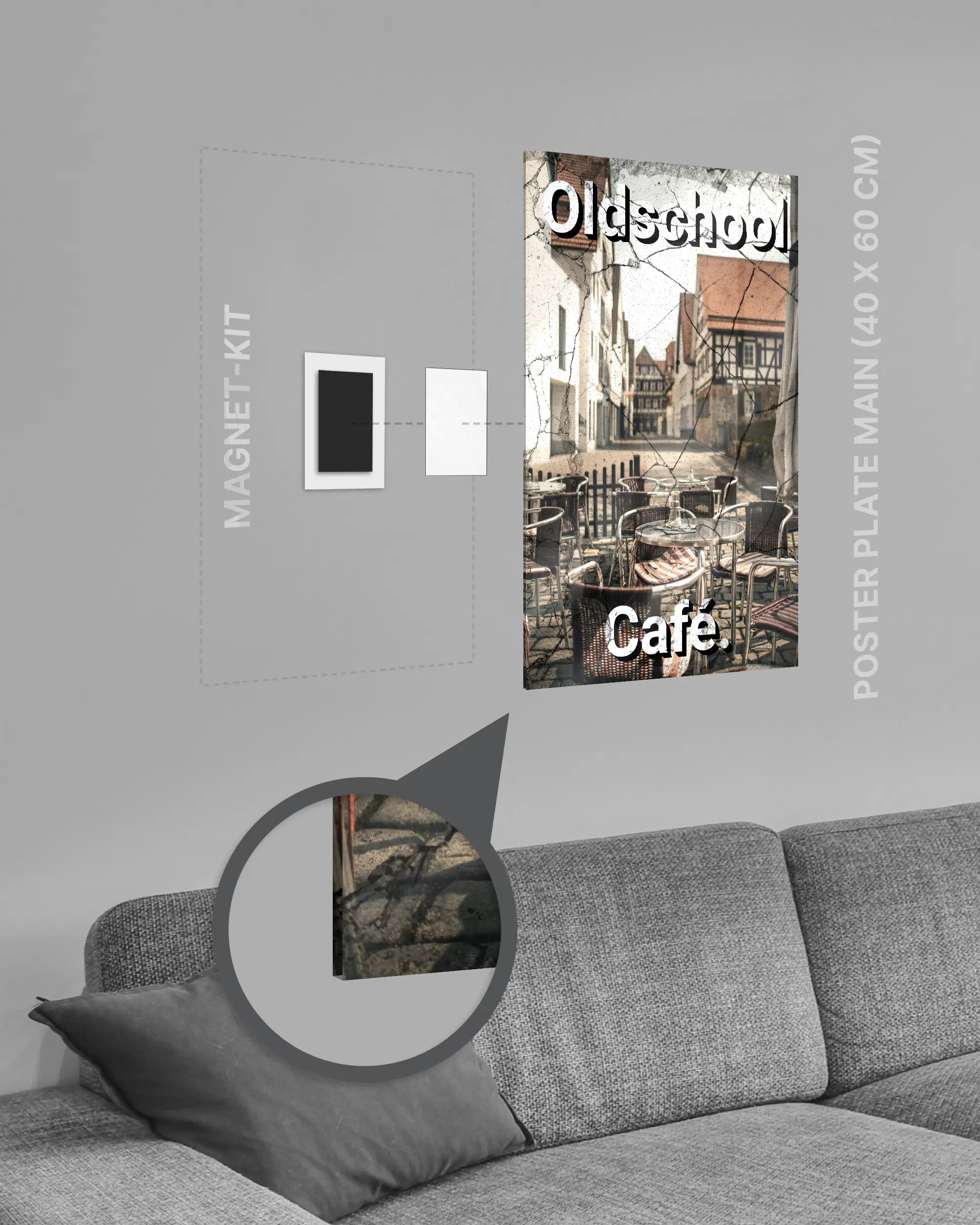 Magnet-Kit Seitenansicht des Poster Plate Designs Oldschool Café im Acrylic Style in der Größe Main (40 x 60 cm)