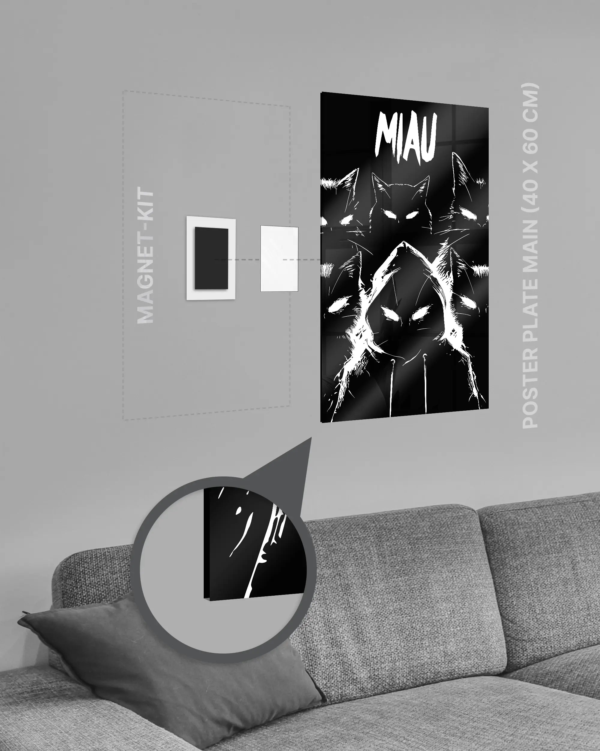 Magnet-Kit Seitenansicht des Poster Plate Designs Miau Gang im Acrylic Style in der Größe Main (40 x 60 cm)