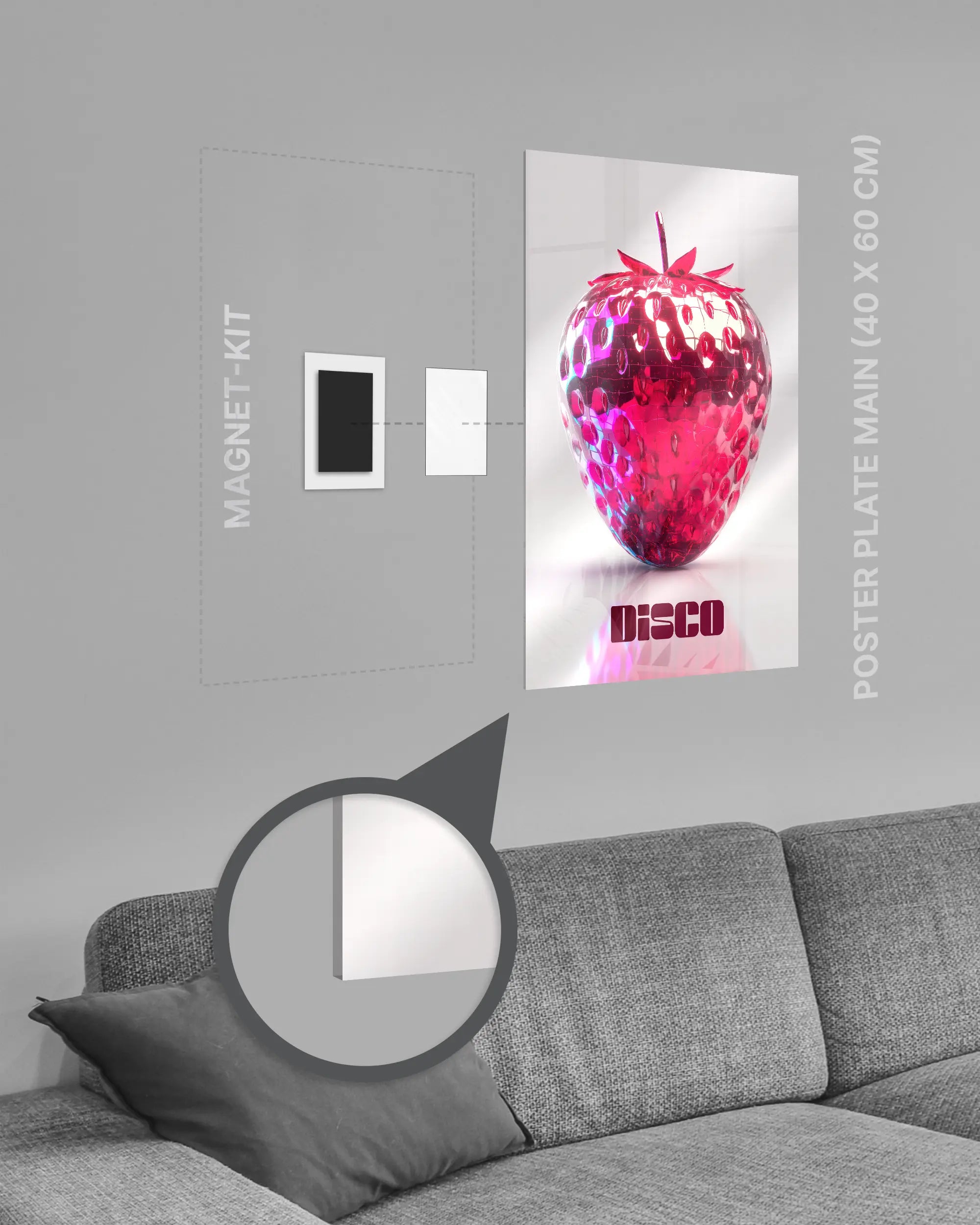 Magnet-Kit Seitenansicht des Poster Plate Designs Discoberry im Acrylic Style in der Größe Main (40 x 60 cm)