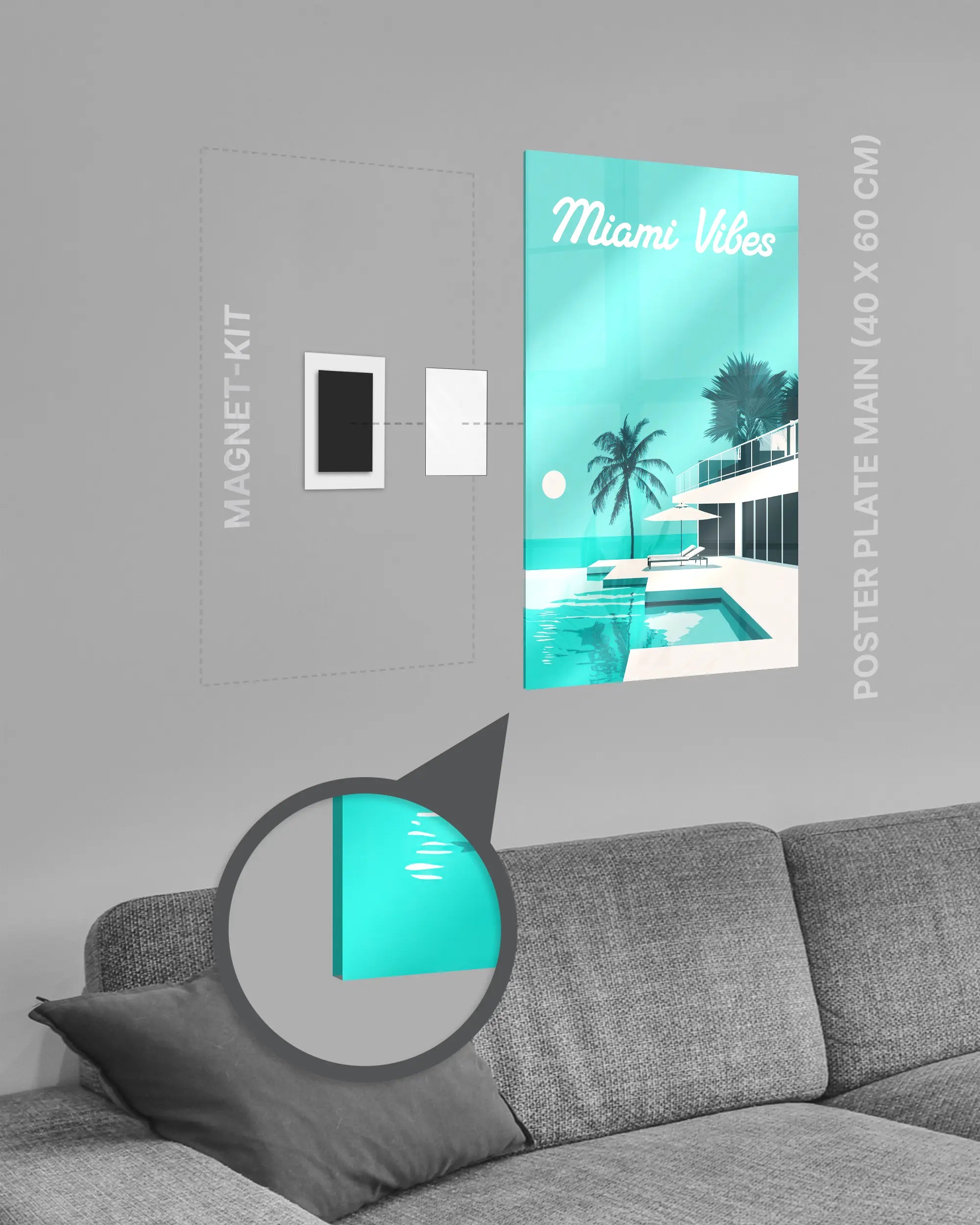 Magnet-Kit Seitenansicht des Poster Plate Designs Miami Vibes im Acrylic Style in der Größe Main (40 x 60 cm)