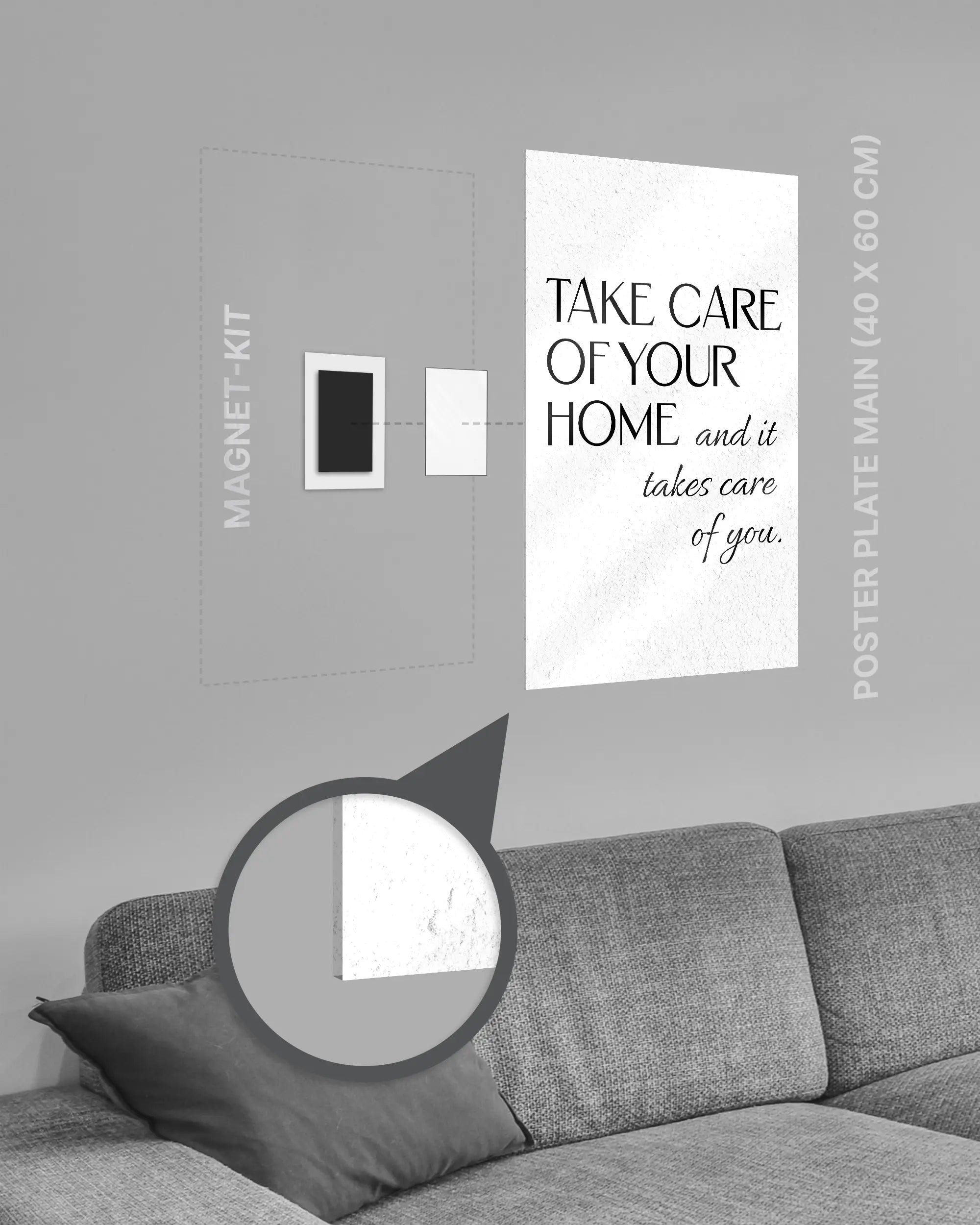 Magnet-Kit Seitenansicht des Poster Plate Designs Take Care im Acrylic Style in der Größe Main (40 x 60 cm)