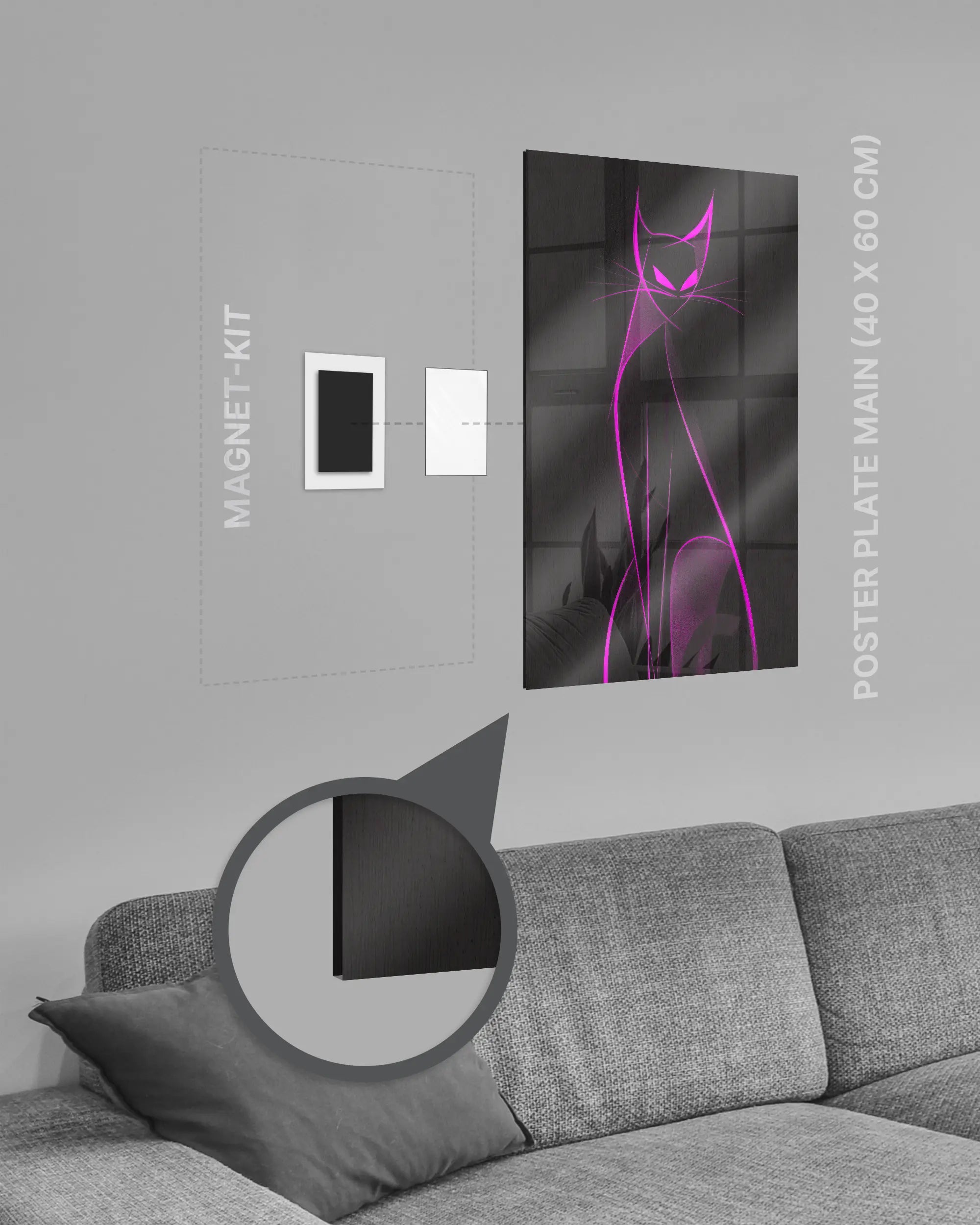 Magnet-Kit Seitenansicht des Poster Plate Designs Katzenkrimi im Acrylic Style in der Größe Main (40 x 60 cm)