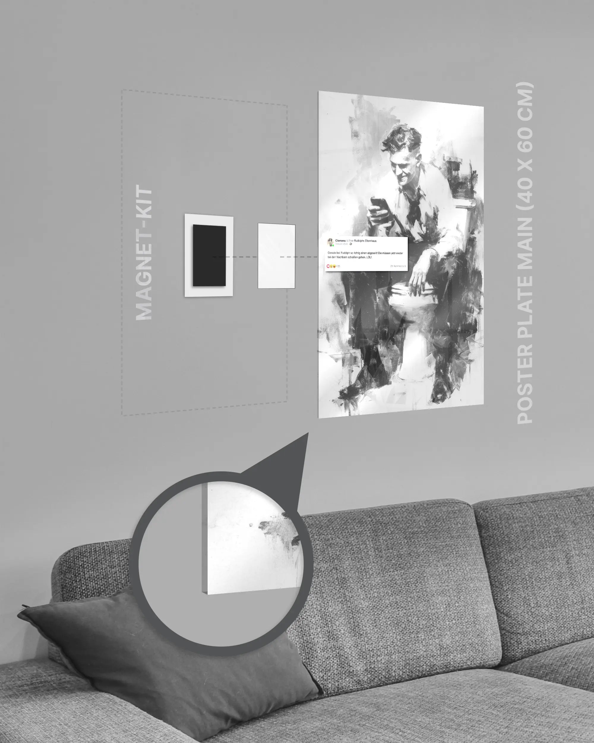Magnet-Kit Seitenansicht des Poster Plate Designs Clemens kackt im Acrylic Style in der Größe Main (40 x 60 cm)