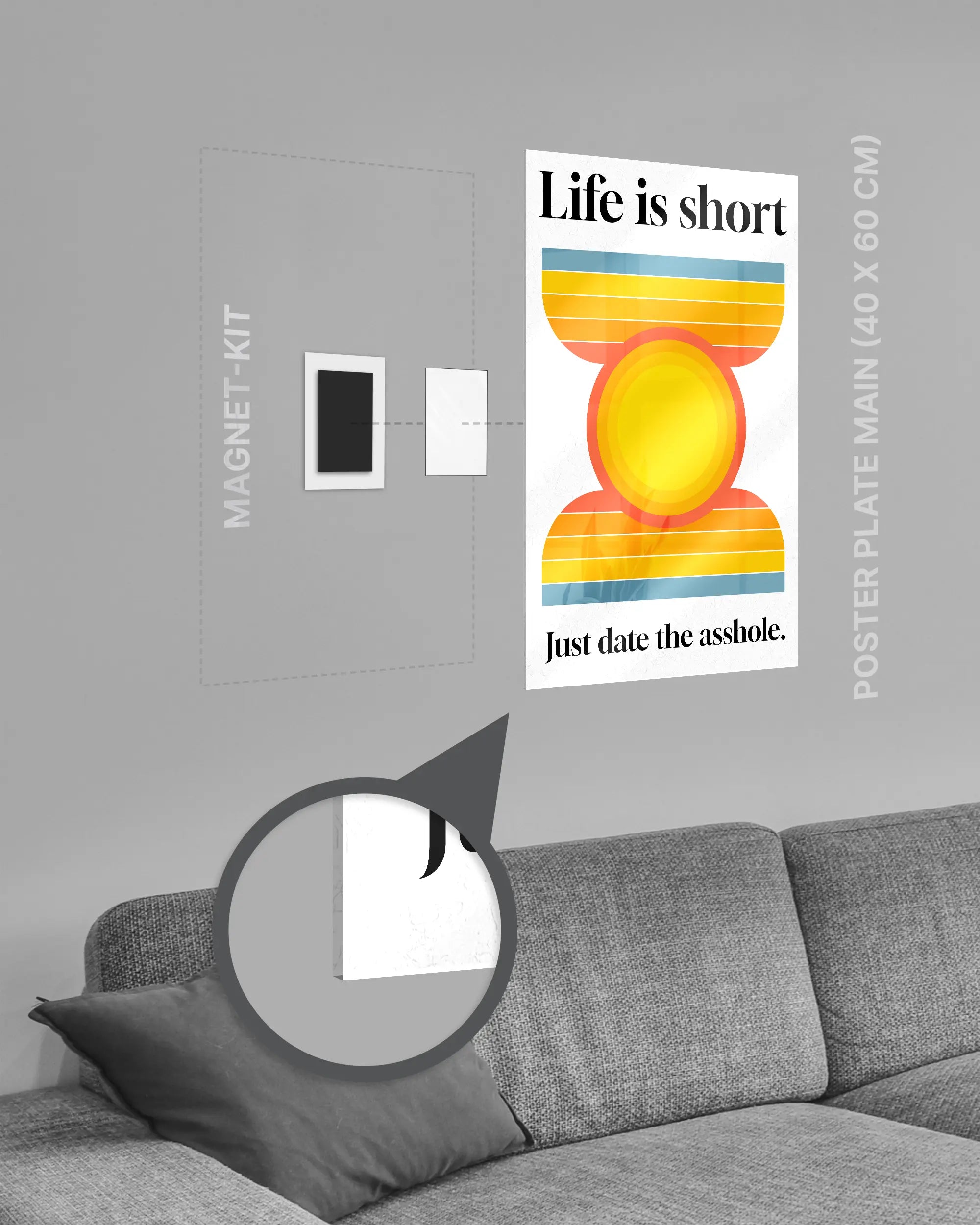 Magnet-Kit Seitenansicht des Poster Plate Designs Life is short im Acrylic Style in der Größe Main (40 x 60 cm)