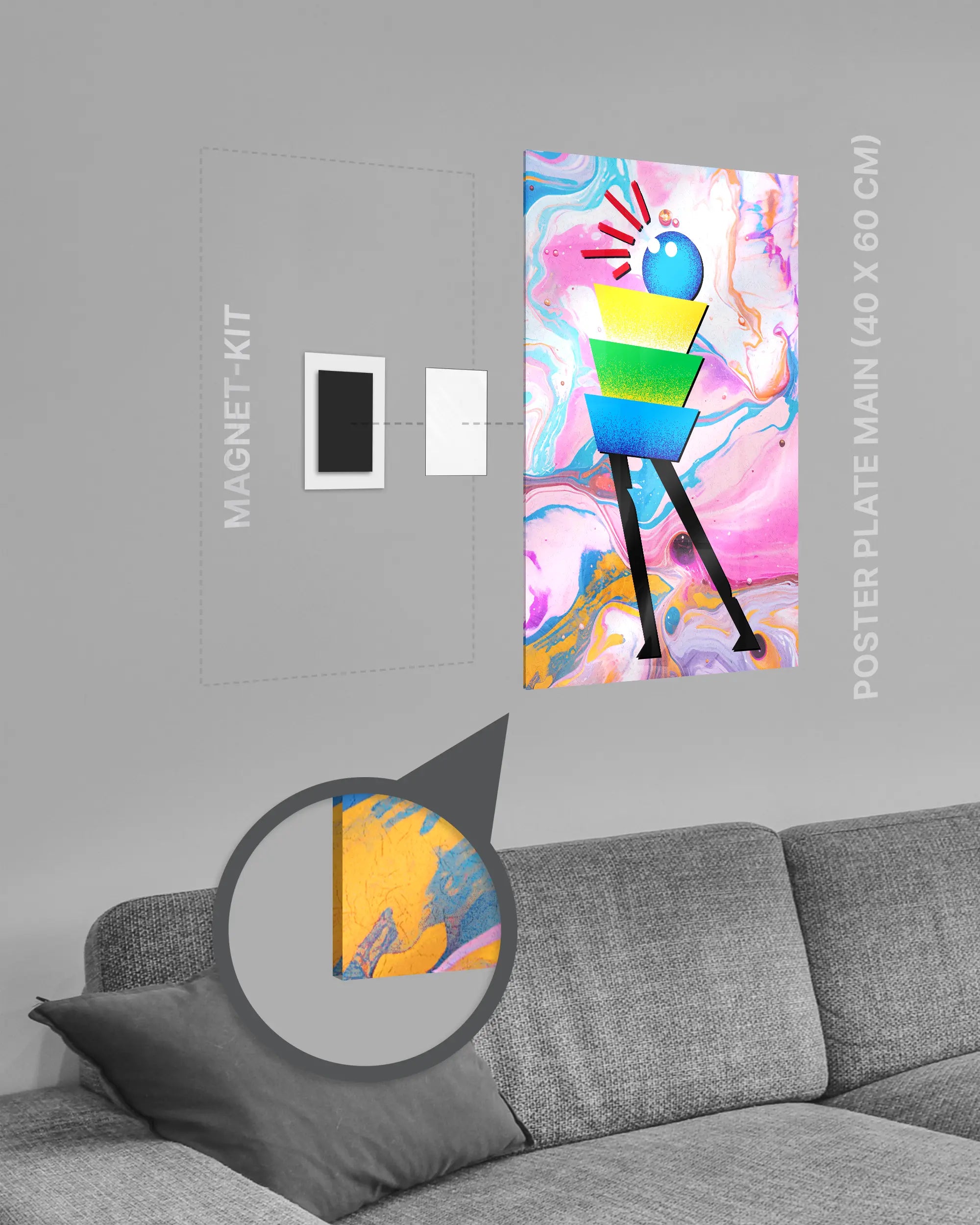Magnet-Kit Seitenansicht des Poster Plate Designs Ein Kunstwerk im Acrylic Style in der Größe Main (40 x 60 cm)