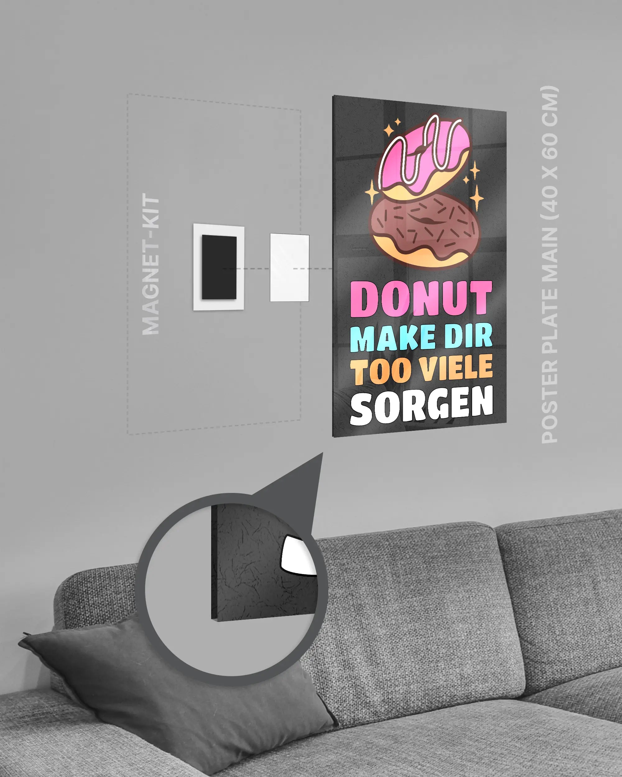 Magnet-Kit Seitenansicht des Poster Plate Designs Donut Worry im Acrylic Style in der Größe Main (40 x 60 cm)