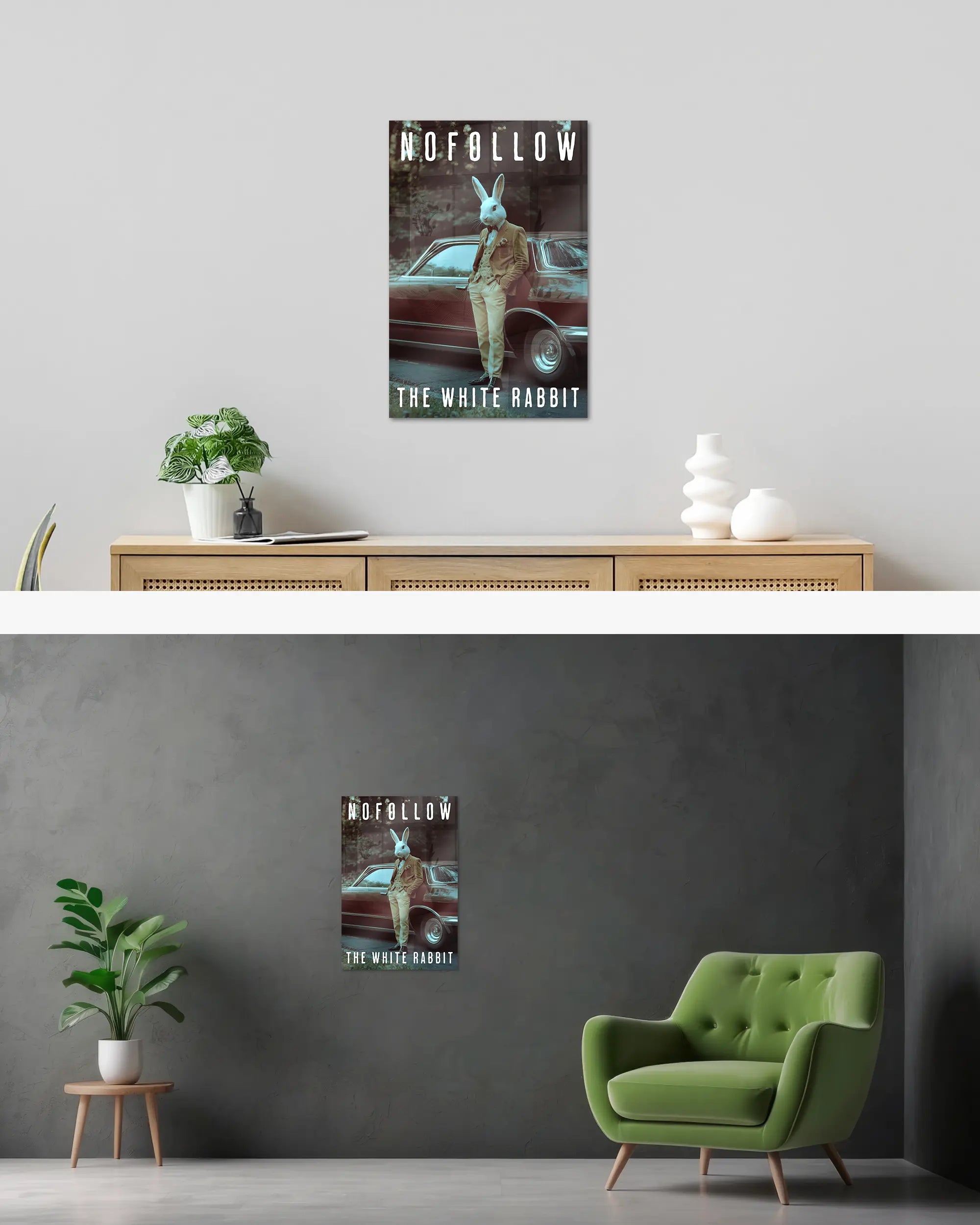 Wandansicht des Poster Plate Designs Nofollow the White Rabbit im Acrylic Style in der Größe Main (40 x 60 cm)