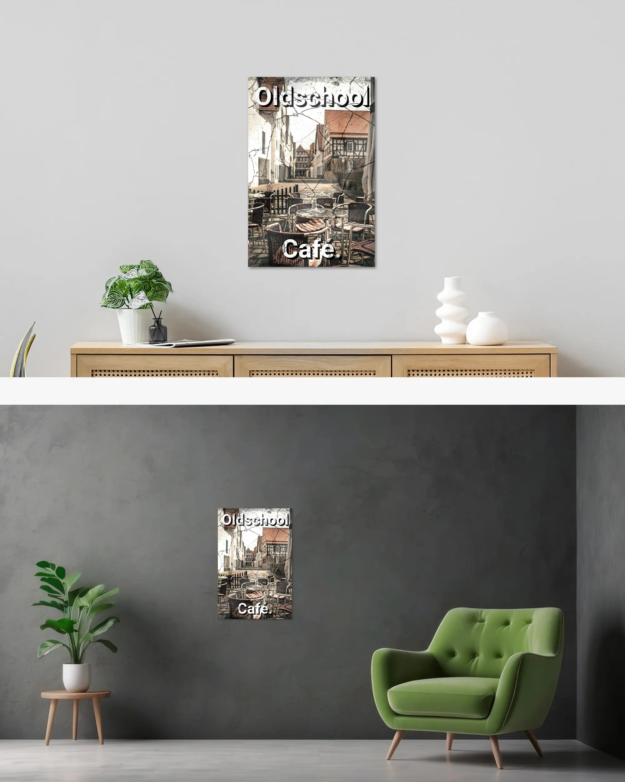 Wandansicht des Poster Plate Designs Oldschool Café im Acrylic Style in der Größe Main (40 x 60 cm)