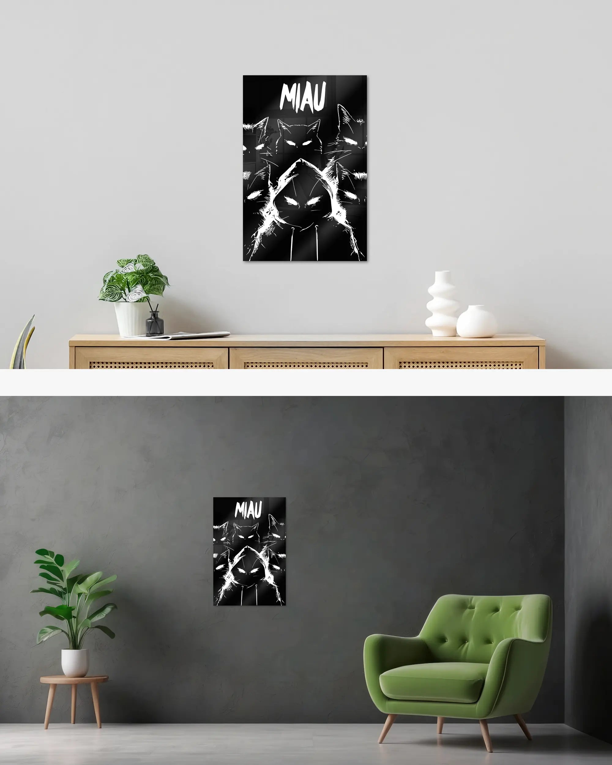 Wandansicht des Poster Plate Designs Miau Gang im Acrylic Style in der Größe Main (40 x 60 cm)