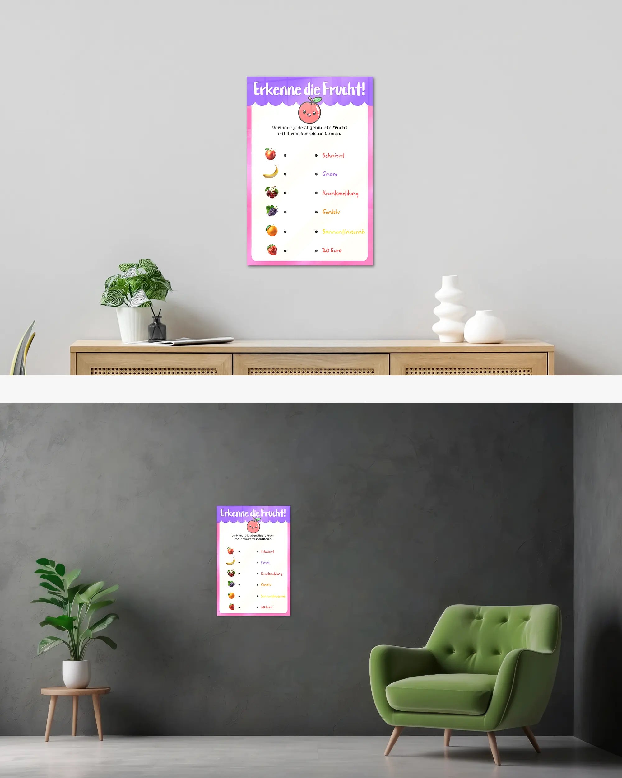 Wandansicht des Poster Plate Designs Fruchtvokabeln im Acrylic Style in der Größe Main (40 x 60 cm)