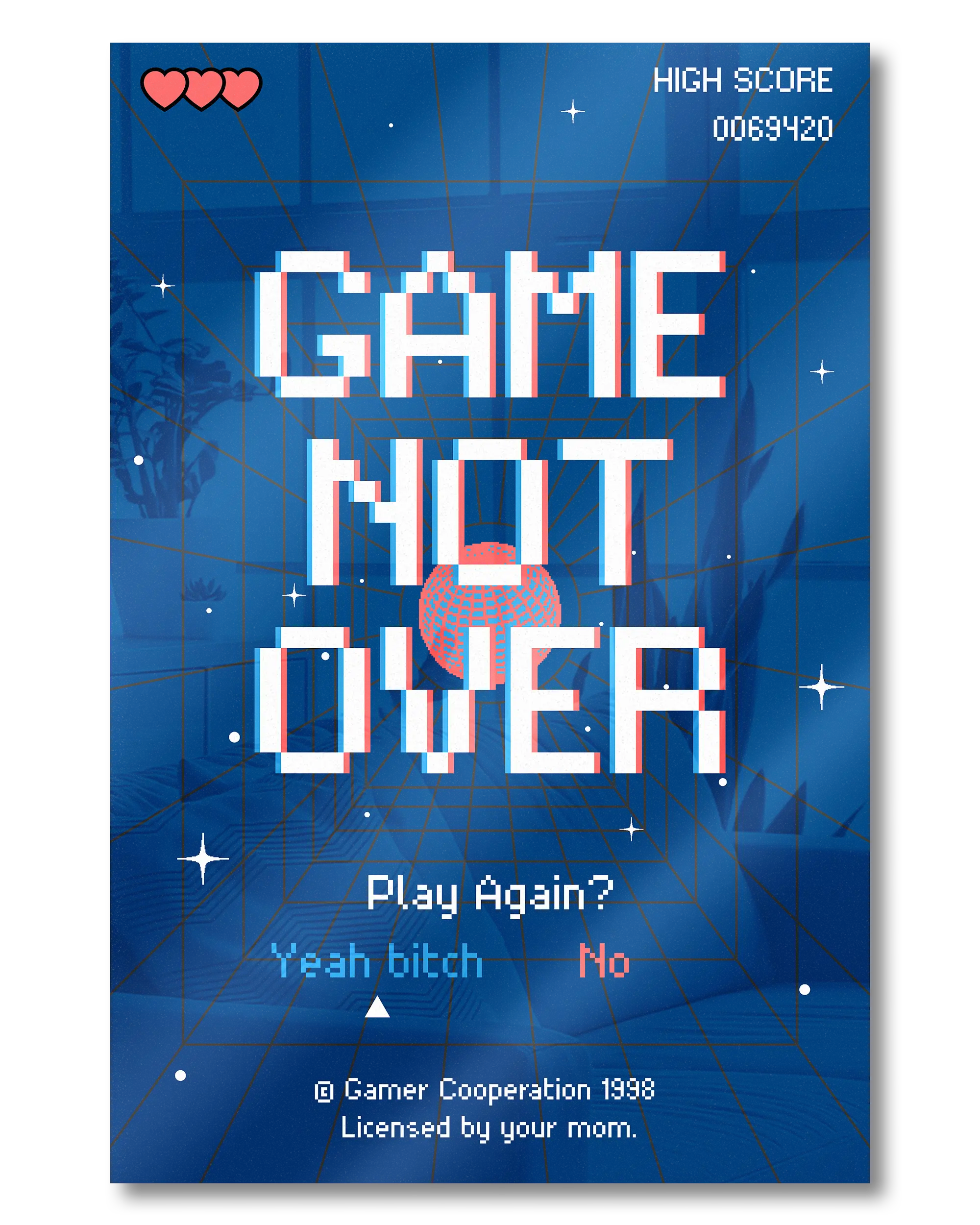 Frontalansicht des Poster Plate Designs Game not over im Acrylic Style in der Größe Mini (20 x 30 cm)